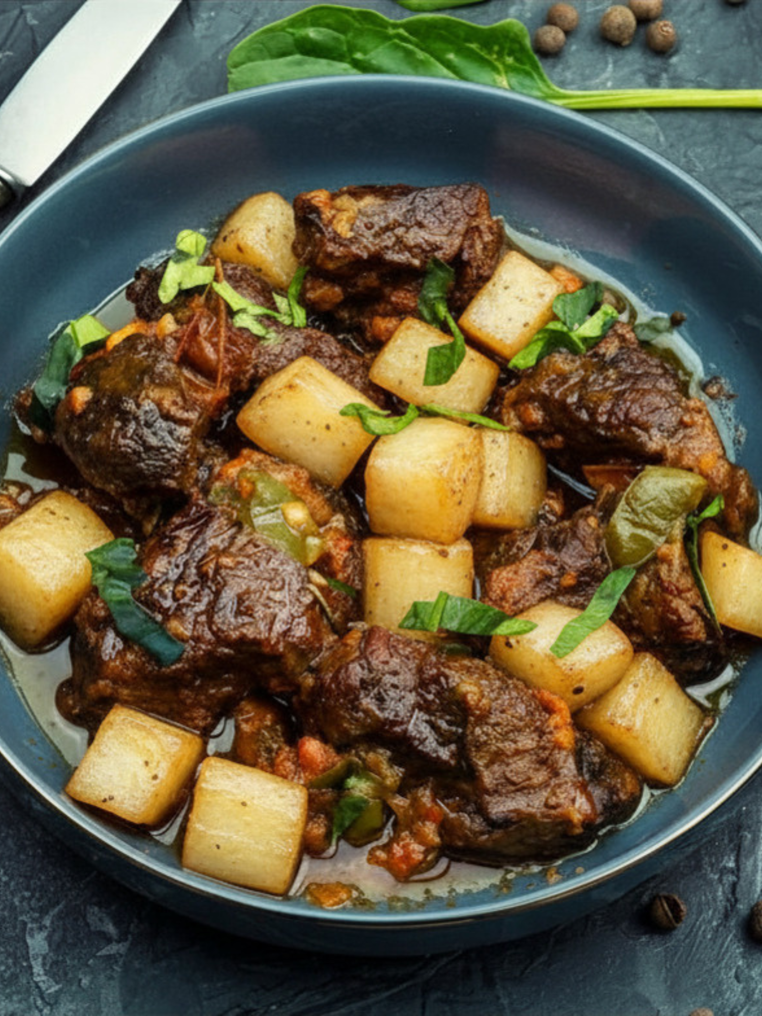 Slow braised lamb shoulder with roasted root vegetables (gf df