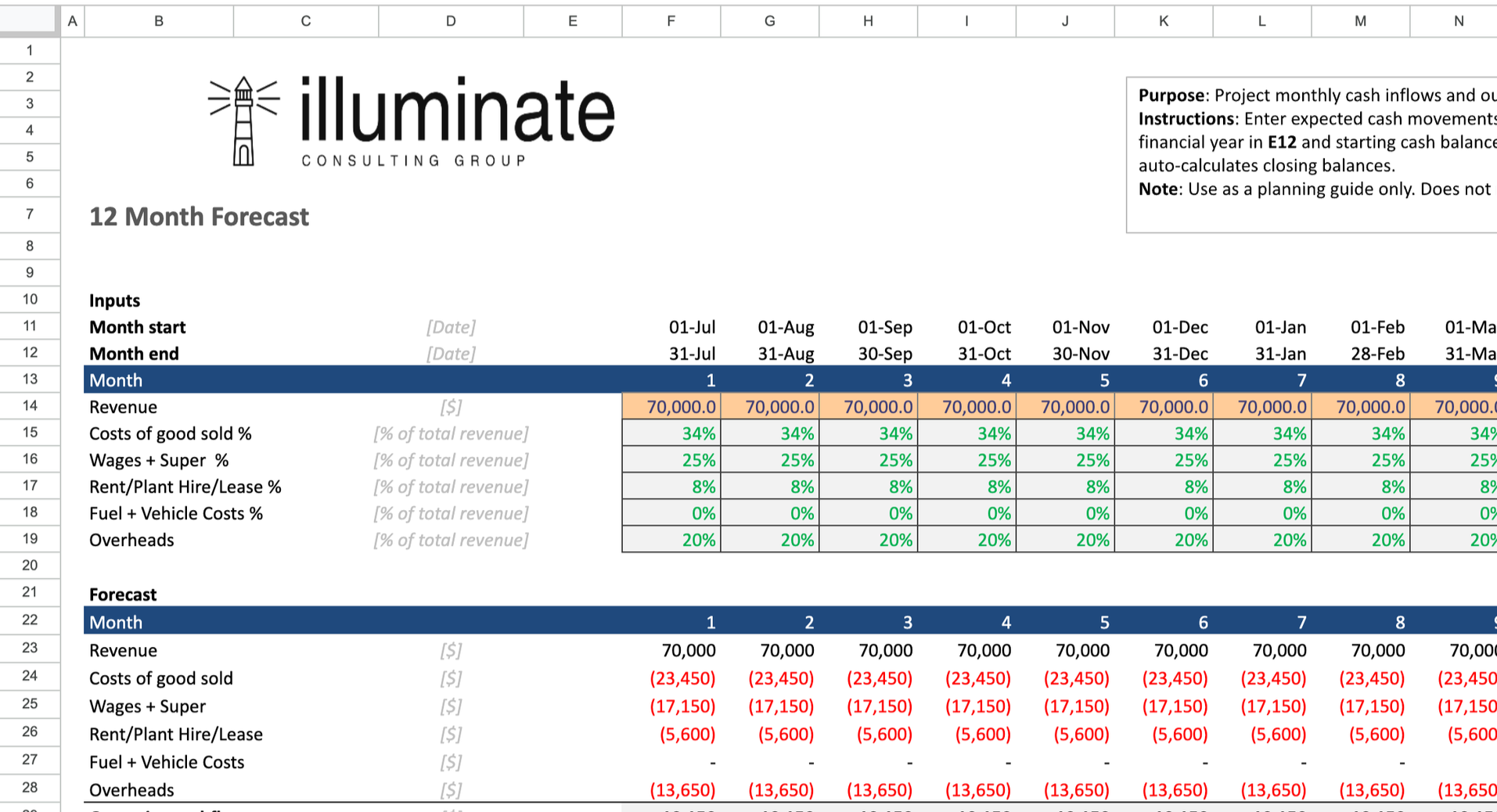 A financial spreadsheet titled '12 Month Forecast' from Illuminate Consulting Group, showing revenue, expenses, and profit for each month, with input and forecast data, color-coded cells, and notes about project cash flows.
