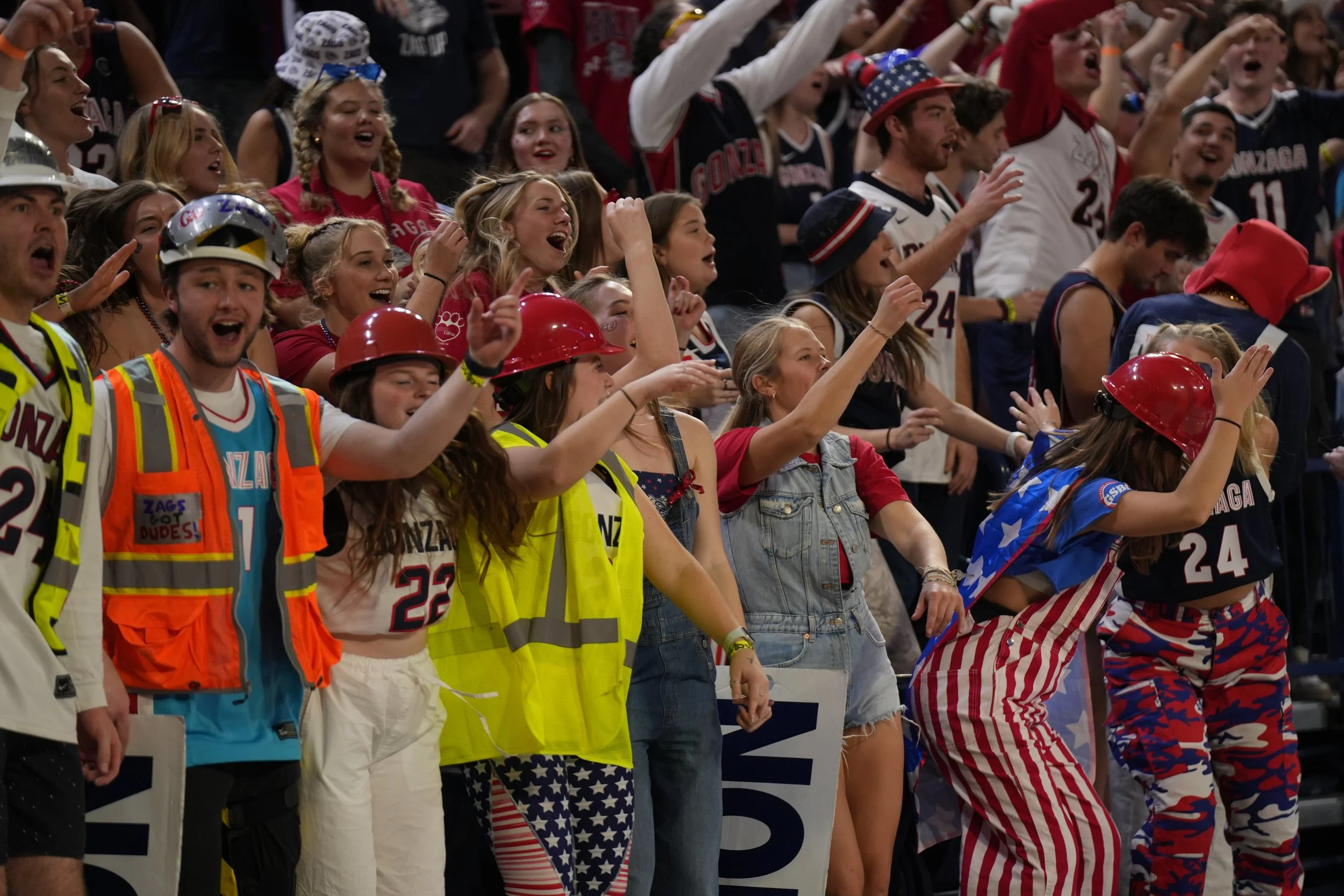 Crowd of enthusiastic sports fans wearing themed attire at a game, holding signs and cheering energetically.