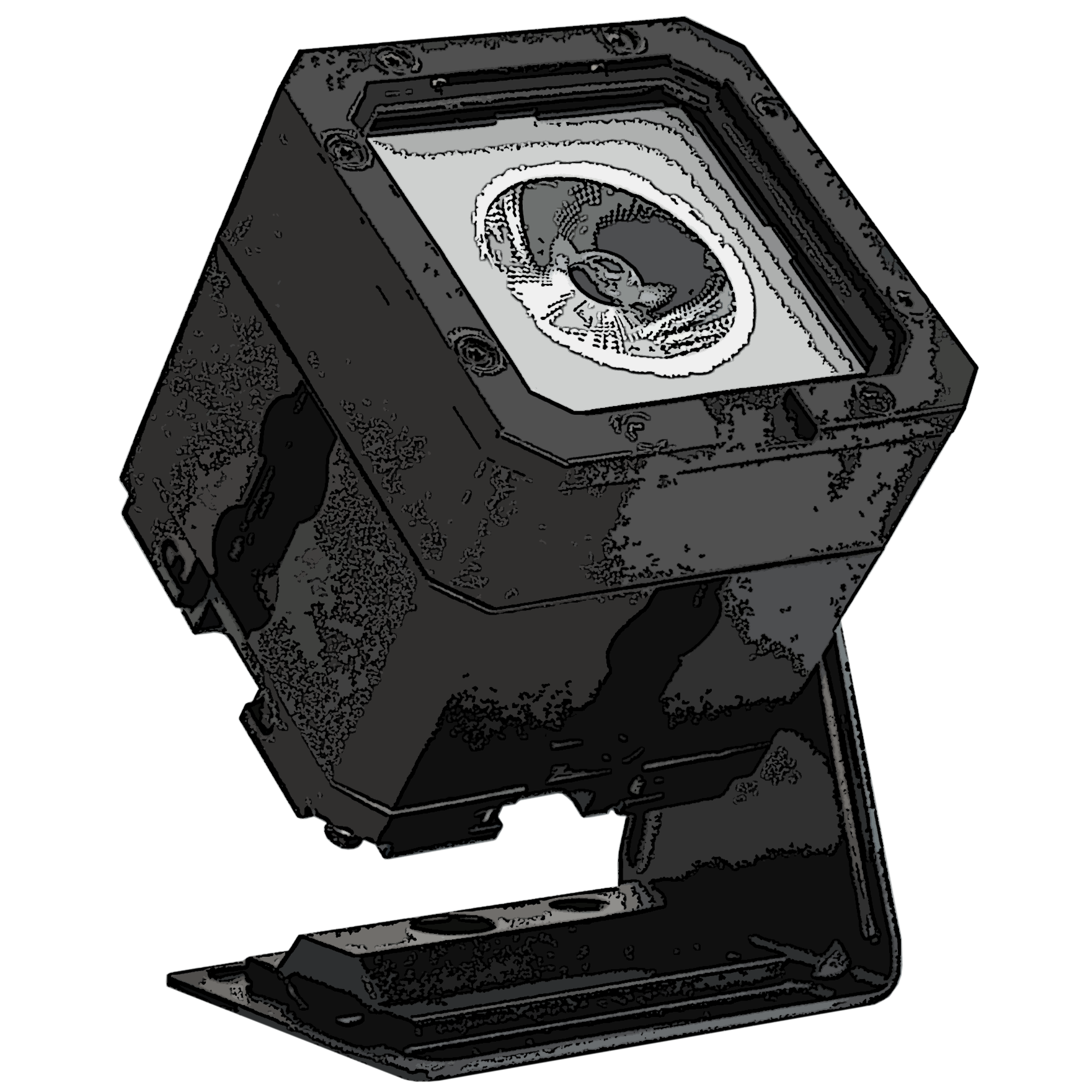 Ein schwarzer mechanischer Computerprojektor mit einem transparenten Deckel, der eine digitale Anzeige zeigt, auf der ein Vogel zu sehen ist.