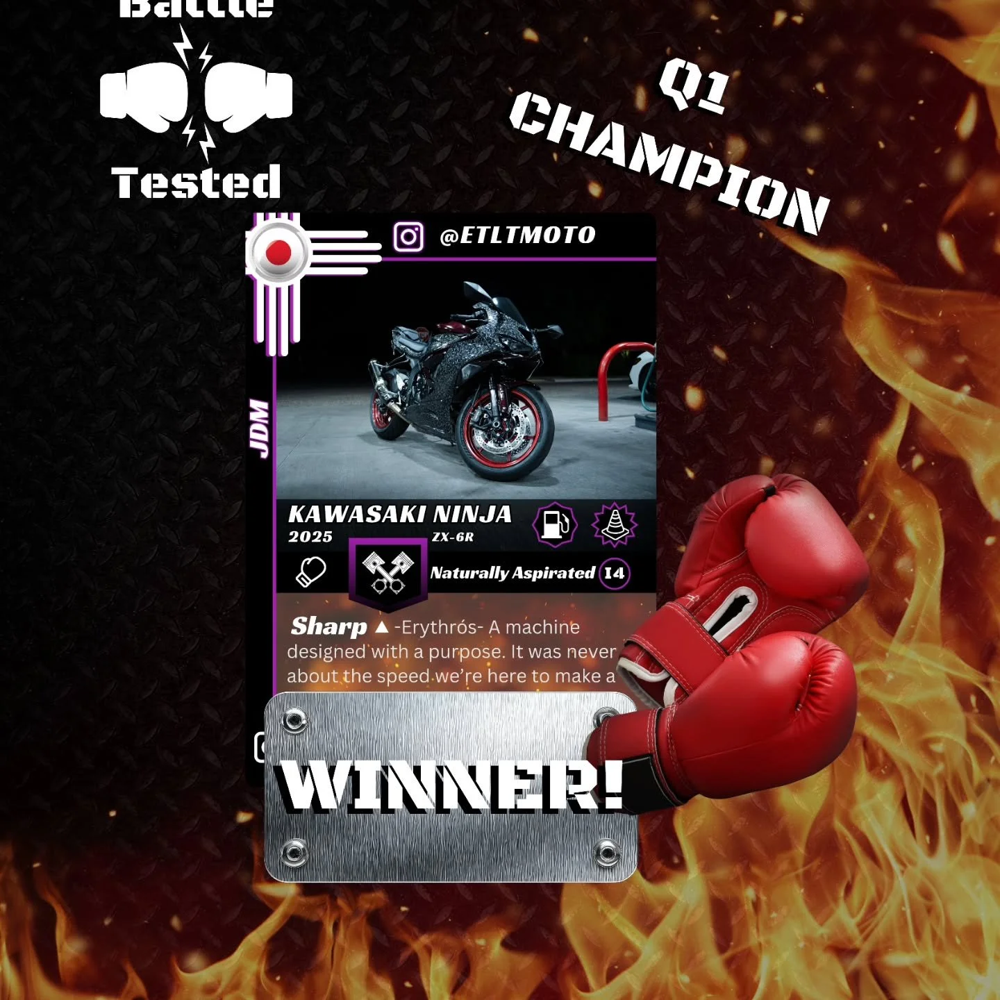 'Nuff said! Congrats on the win!!

We hope to see you all at the next Battle Tested. 
www.jnscarcards.com/tested