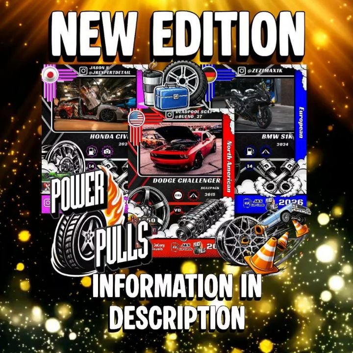 🚨🚨We would like to formally introduce you all to Power Pulls!! Available starting 4/18. 🚗💨🚨🚨

Power Pulls are our newest edition in our Car Card line up. These cards are designed to be added to booster packs, that are available for sale online 