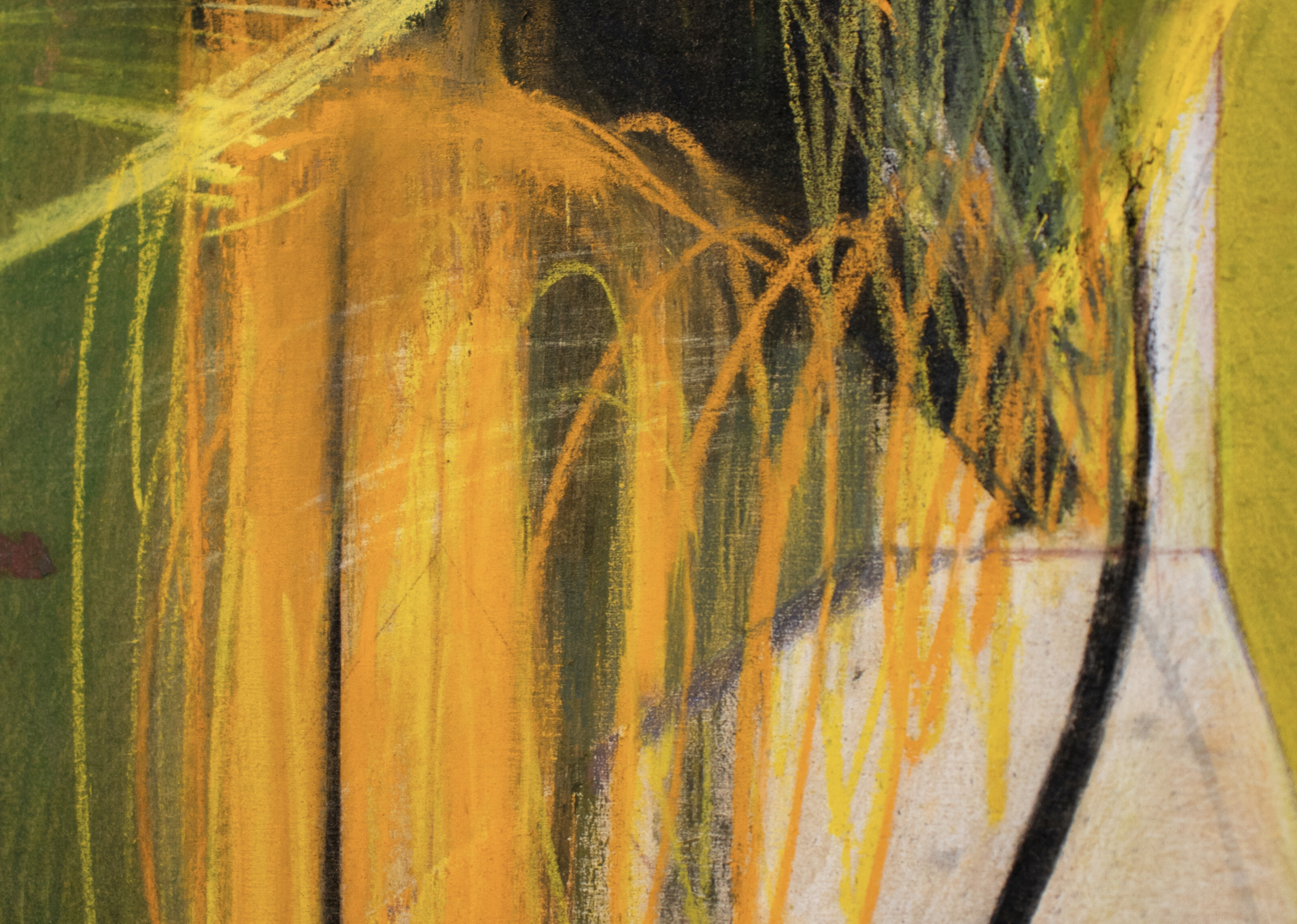 Abstract painting with yellow, orange, green, black, and purple colors, featuring lines and shapes that resemble a bridge and trees.