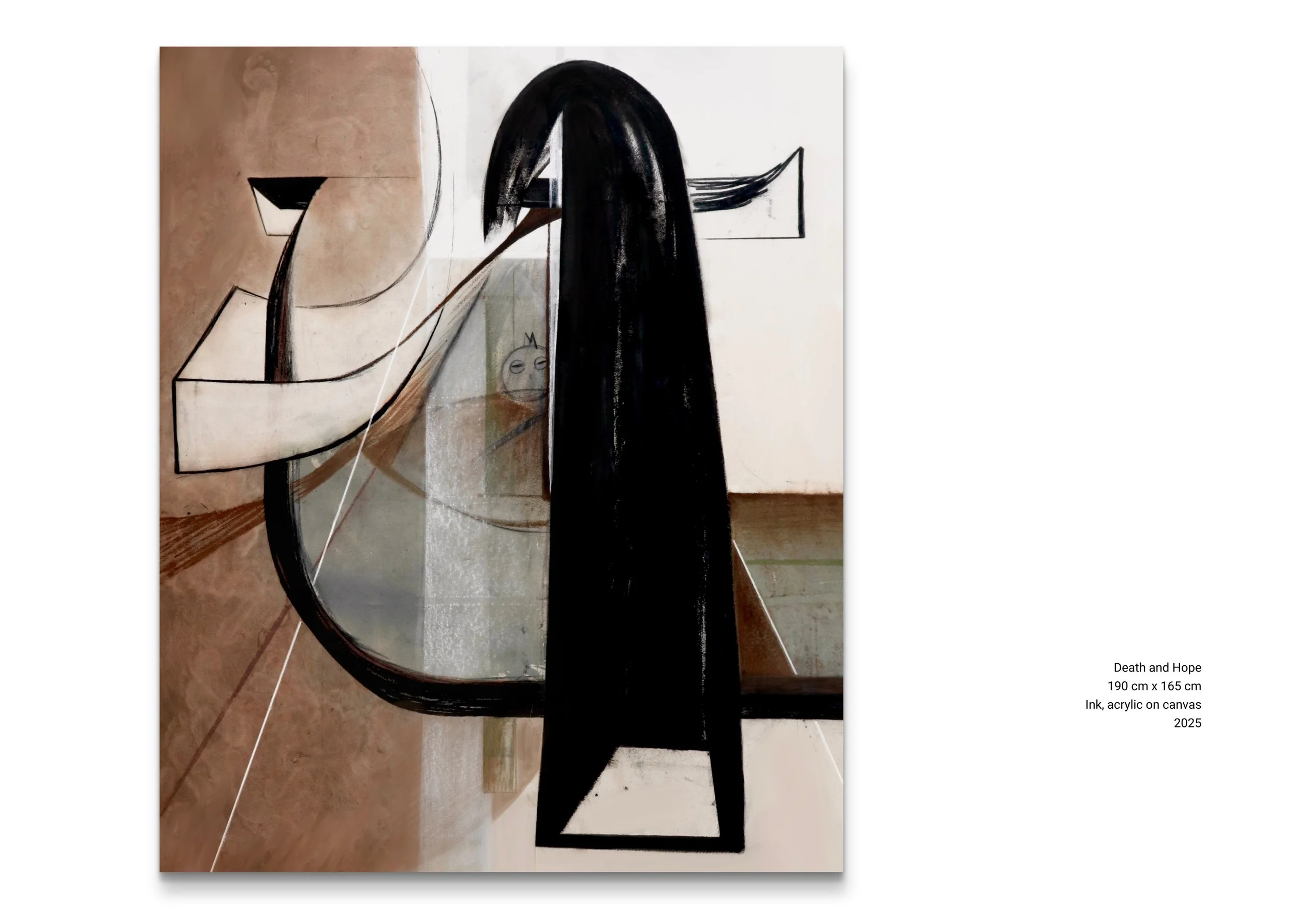 Abstract artwork titled 'Death and Hope' featuring geometric shapes, a large black elongated figure, and a small, simple face drawing, with the painting dimensions of 190 cm by 165 cm, created with ink and acrylic on canvas in 2025.