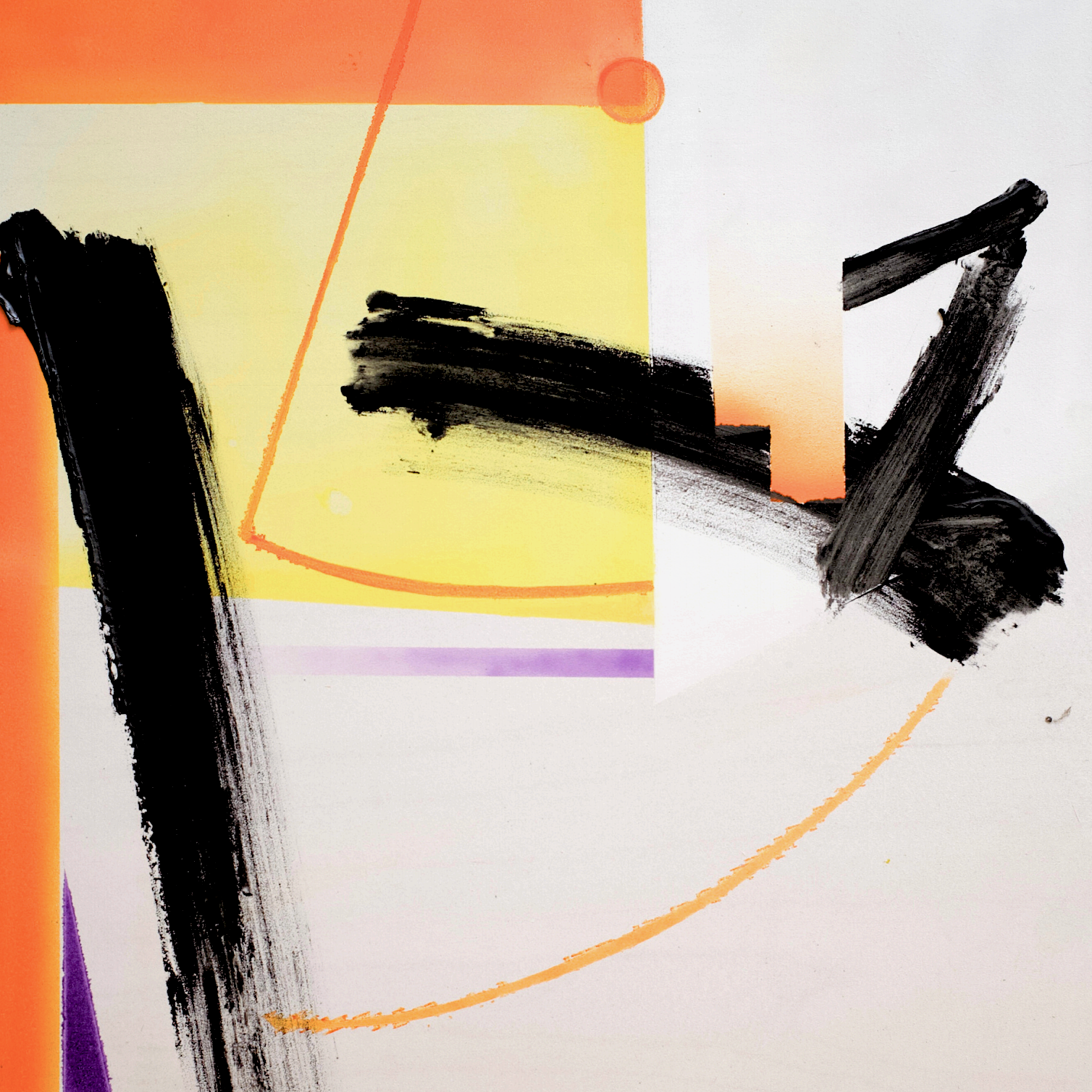 Abstract painting with black brushstrokes, orange lines, and colored blocks in orange, yellow, purple, and white.