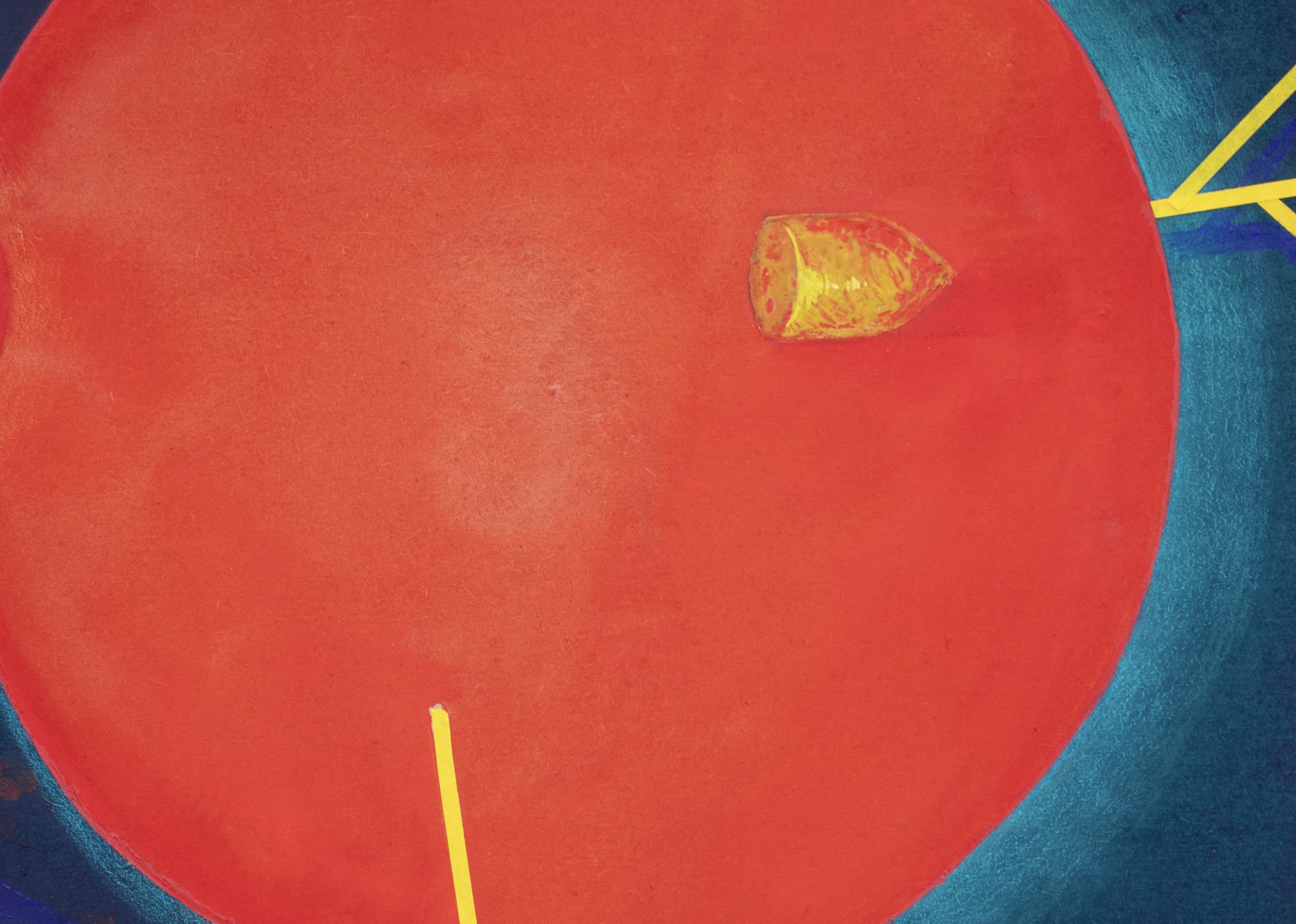 A close-up of a red sports car with a yellow speedline decal on the side and a yellow and blue abstract background.