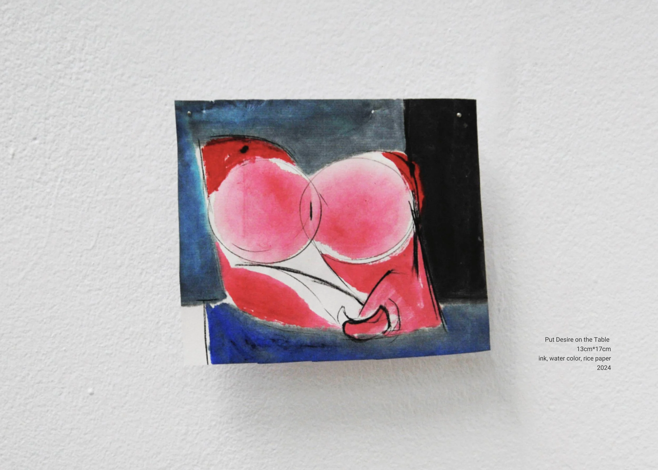 Watercolor painting titled 'Put Desire on the Table' depicting abstract human figure with pink circular shapes for the head and exaggerated lips, set against dark and vibrant background colors.