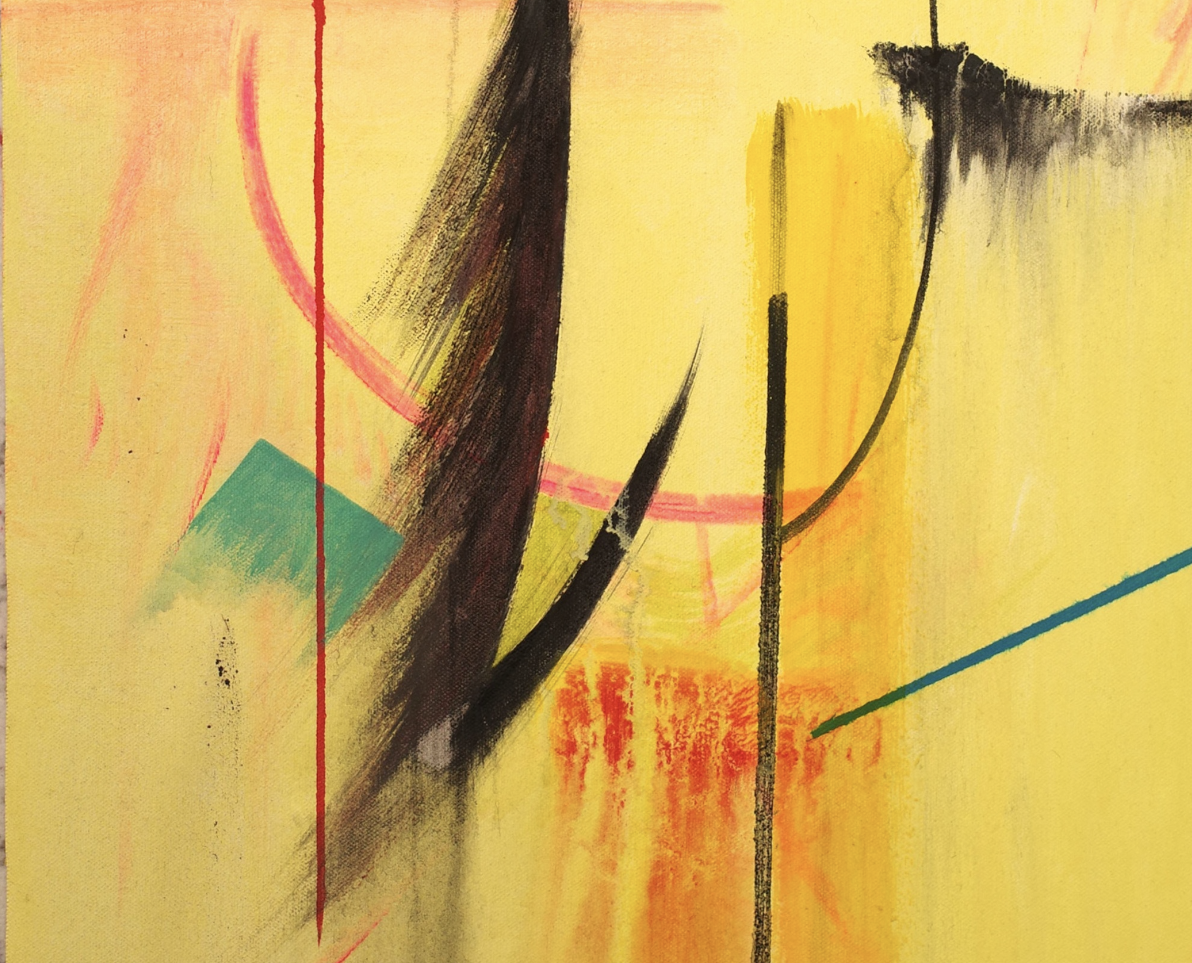 Abstract painting with yellow background, black, red, green, pink, and orange brushstrokes, lines, and shapes.