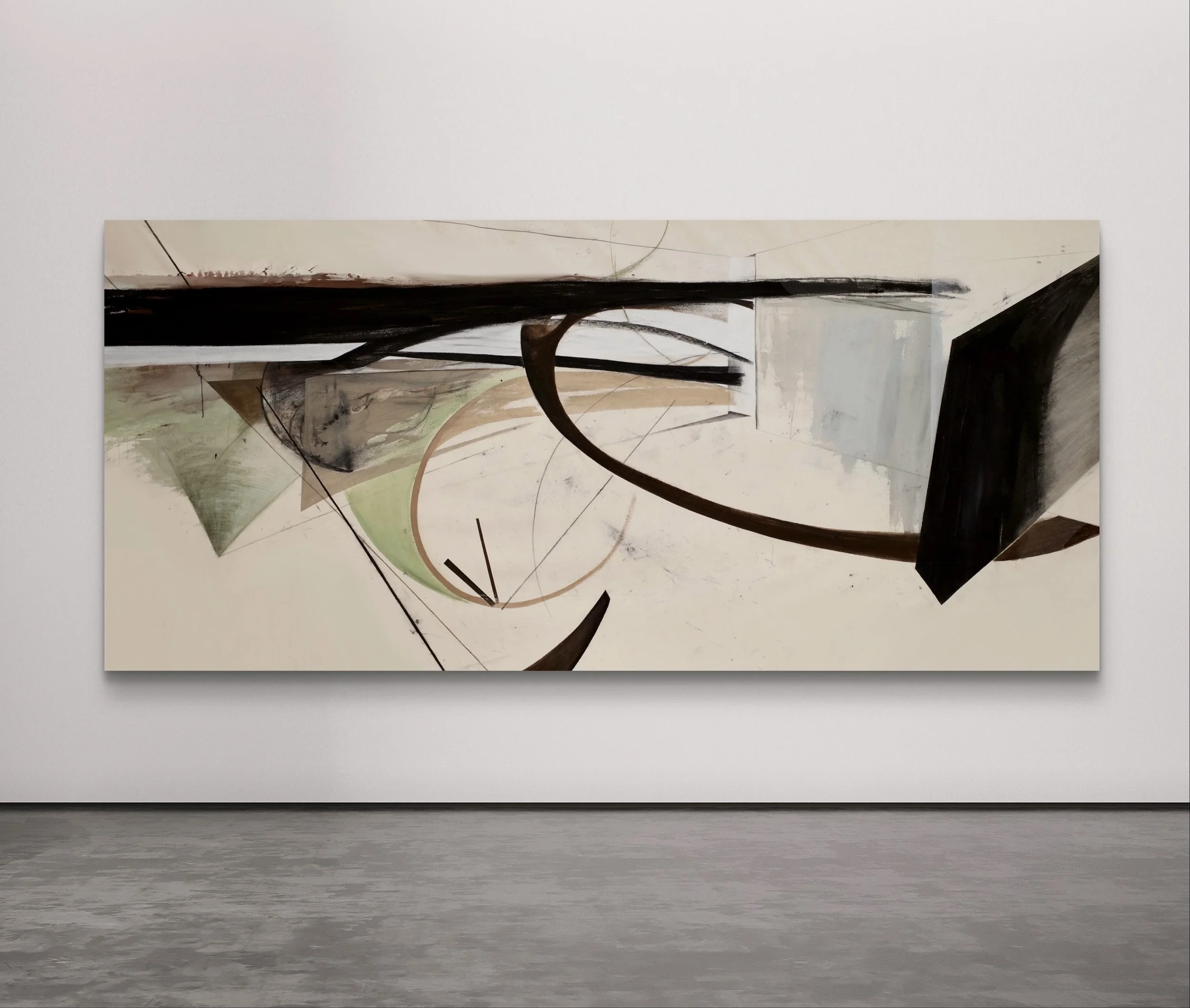 Abstract painting with curved black lines, circular shapes, and muted earth tones, displayed in a modern gallery.
