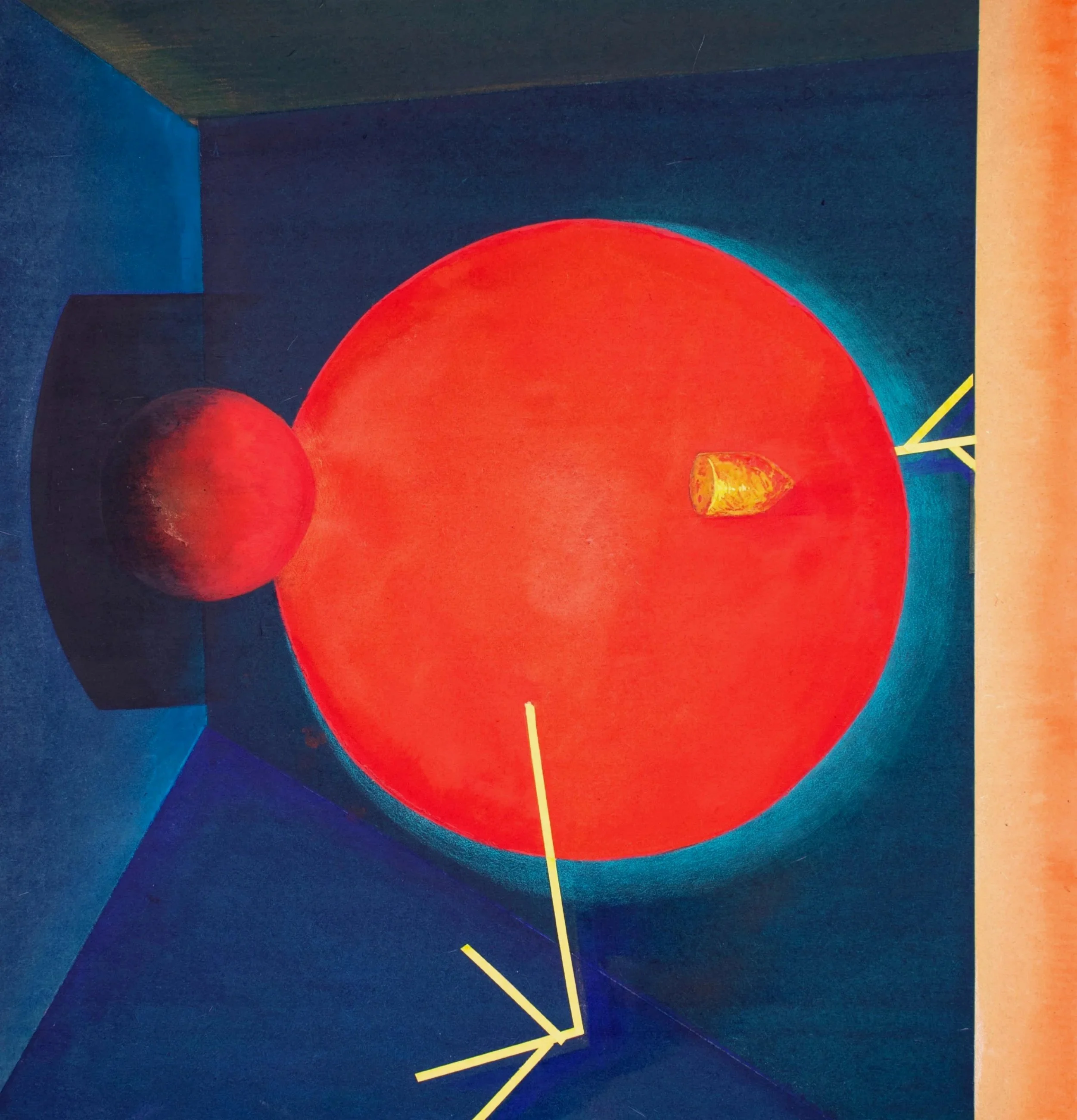 Close-up view of a colorful abstract painting with a large red circle, smaller circles, and yellow lines on a blue and orange background.