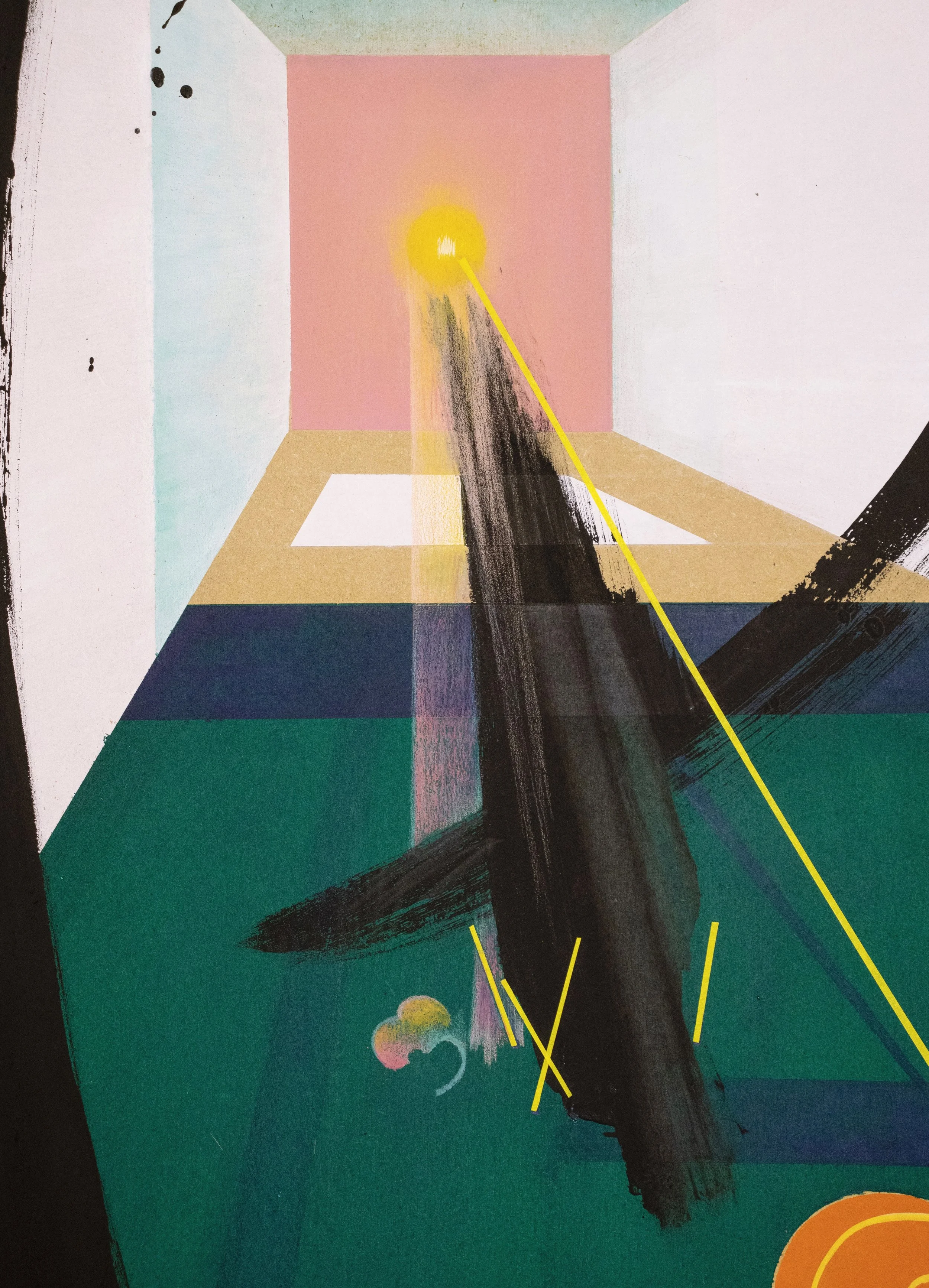 Abstract artwork with geometric shapes, bold black brush strokes, teal, pink, green, and orange colors, yellow lines, and a small pink and yellow cloud at the bottom.