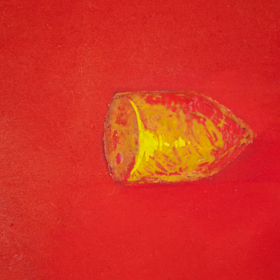A painting of a yellow and orange corn cob on a red background.