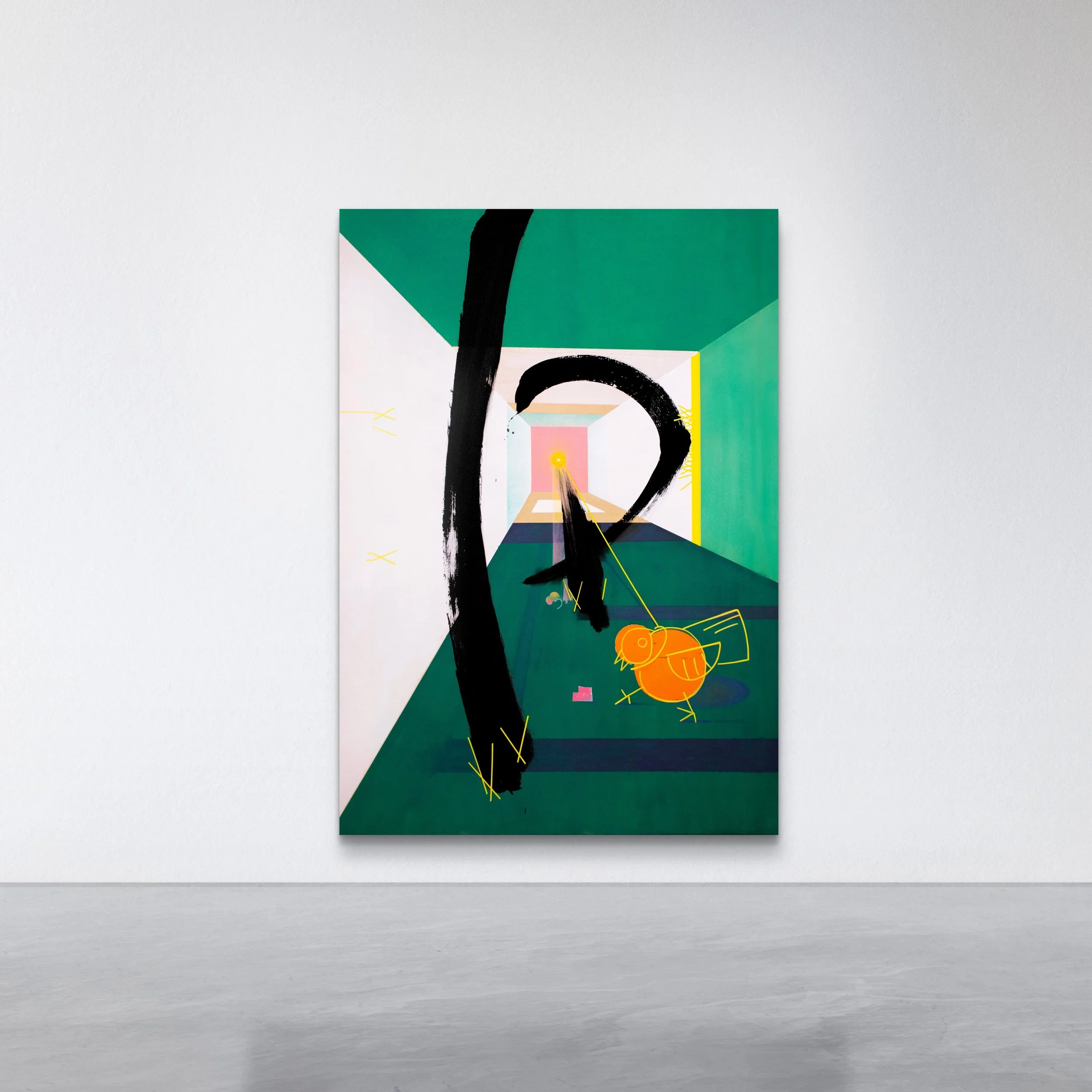 Abstract painting with geometric shapes, black brushstrokes, a small orange bird, and yellow lines on a predominantly green and white background.