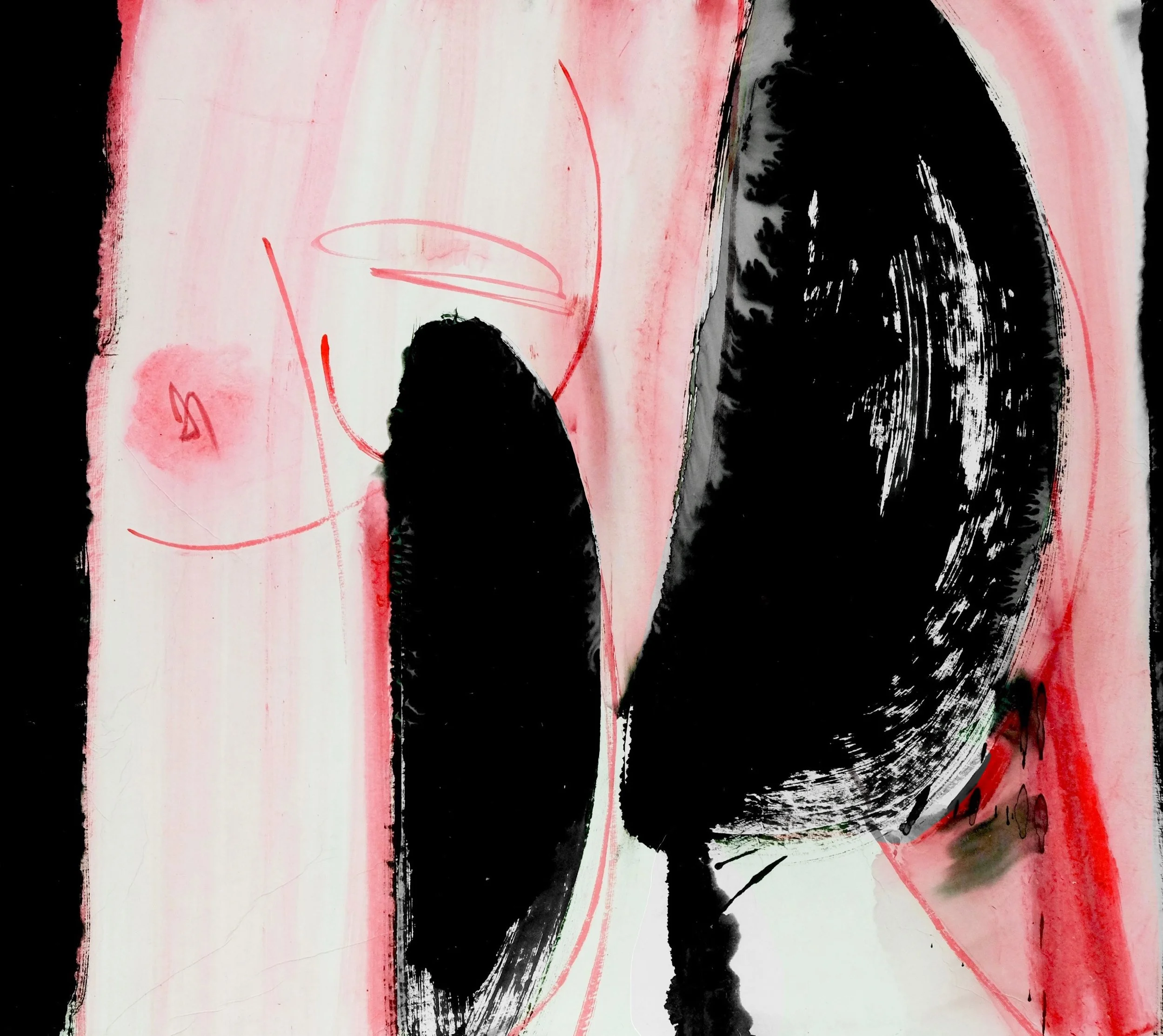 Abstract artwork with pink, black, and white colors, featuring red and green lines and irregular shapes.