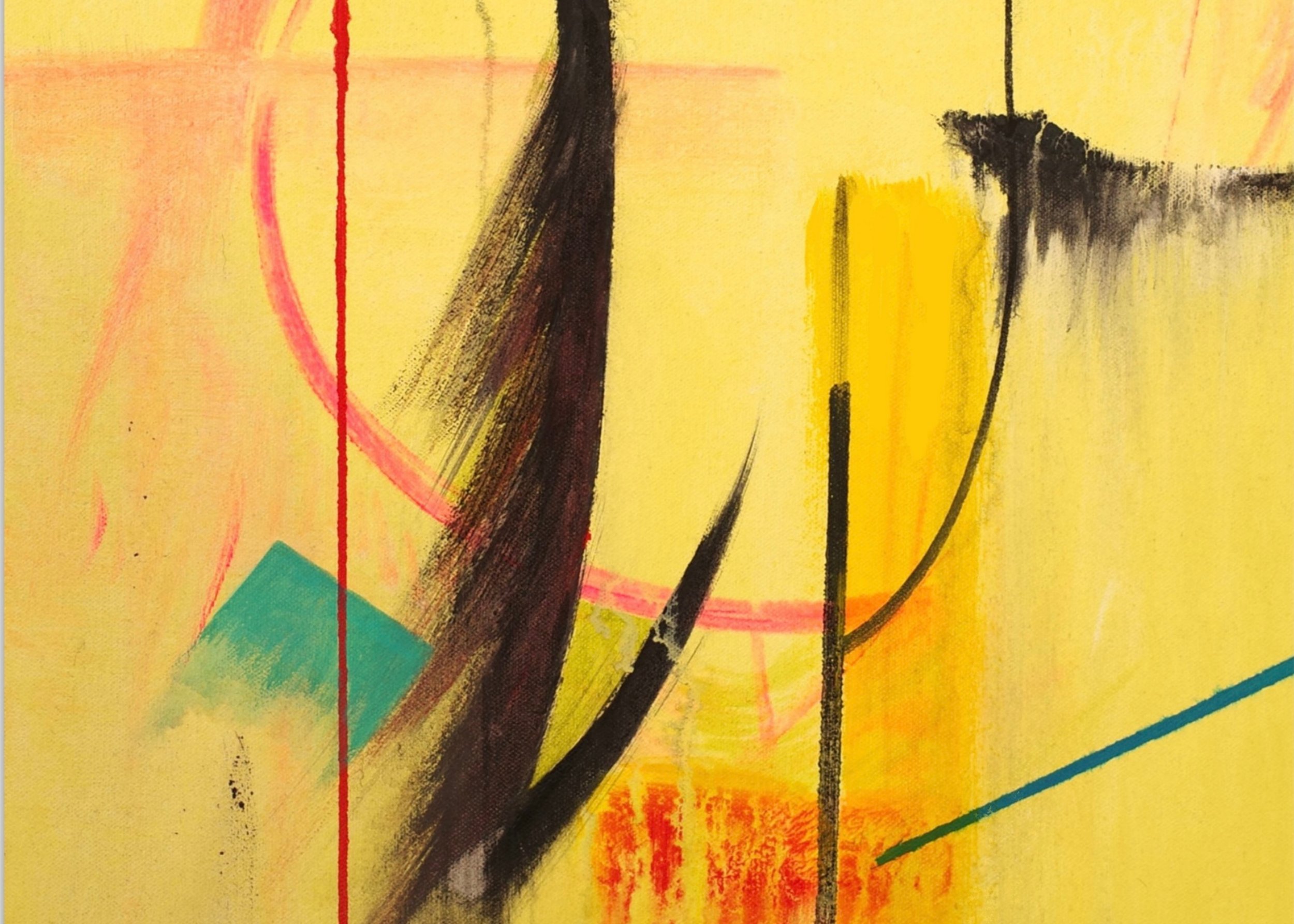 Abstract expressionist painting with bold colors, black, red, yellow, pink, green, and orange, featuring geometric shapes and dynamic brushstrokes.