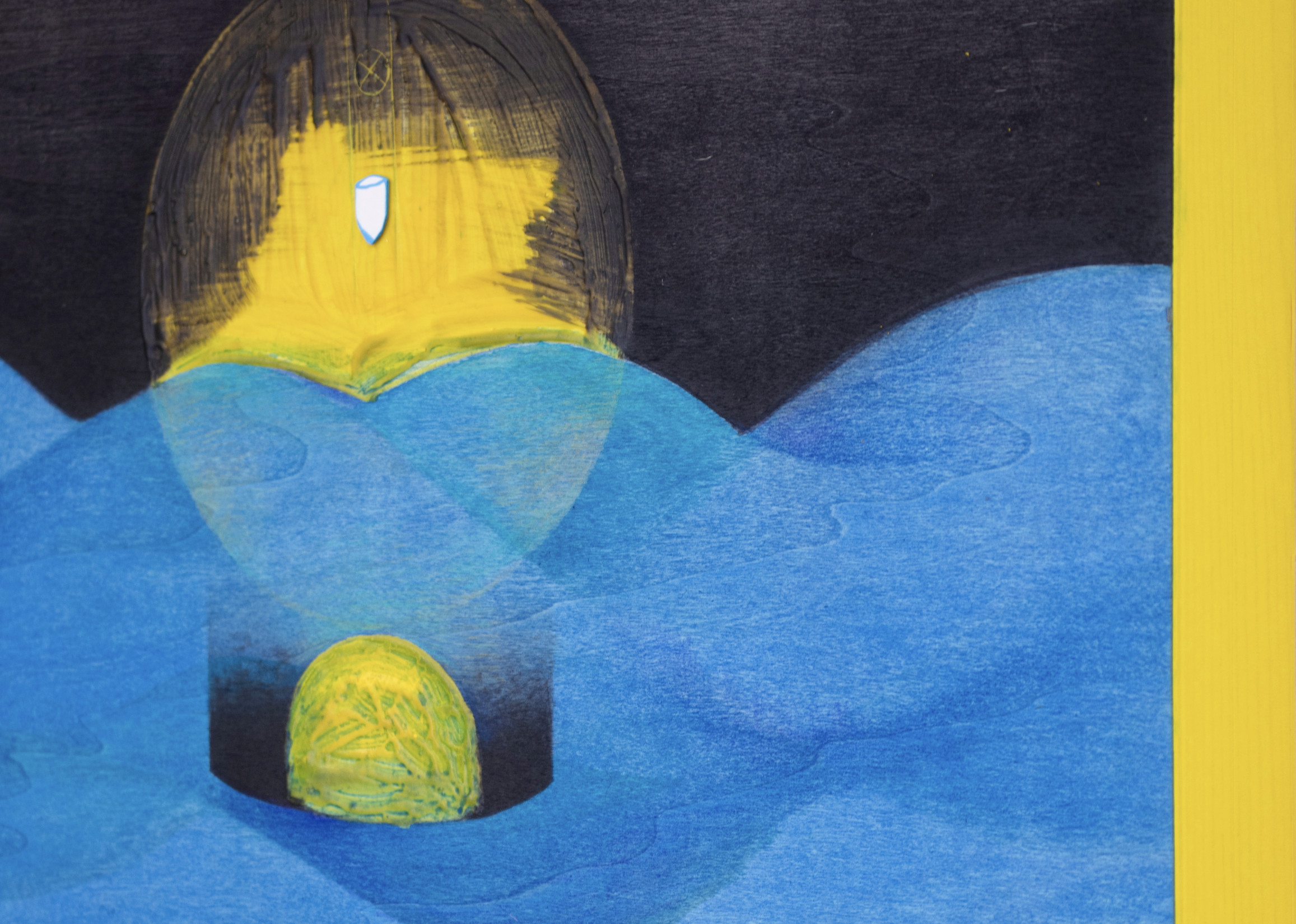 Abstract drawing of a black and yellow lighthouse with a blue light cone, reflected in a body of water, with a yellow vertical stripe on the right side.