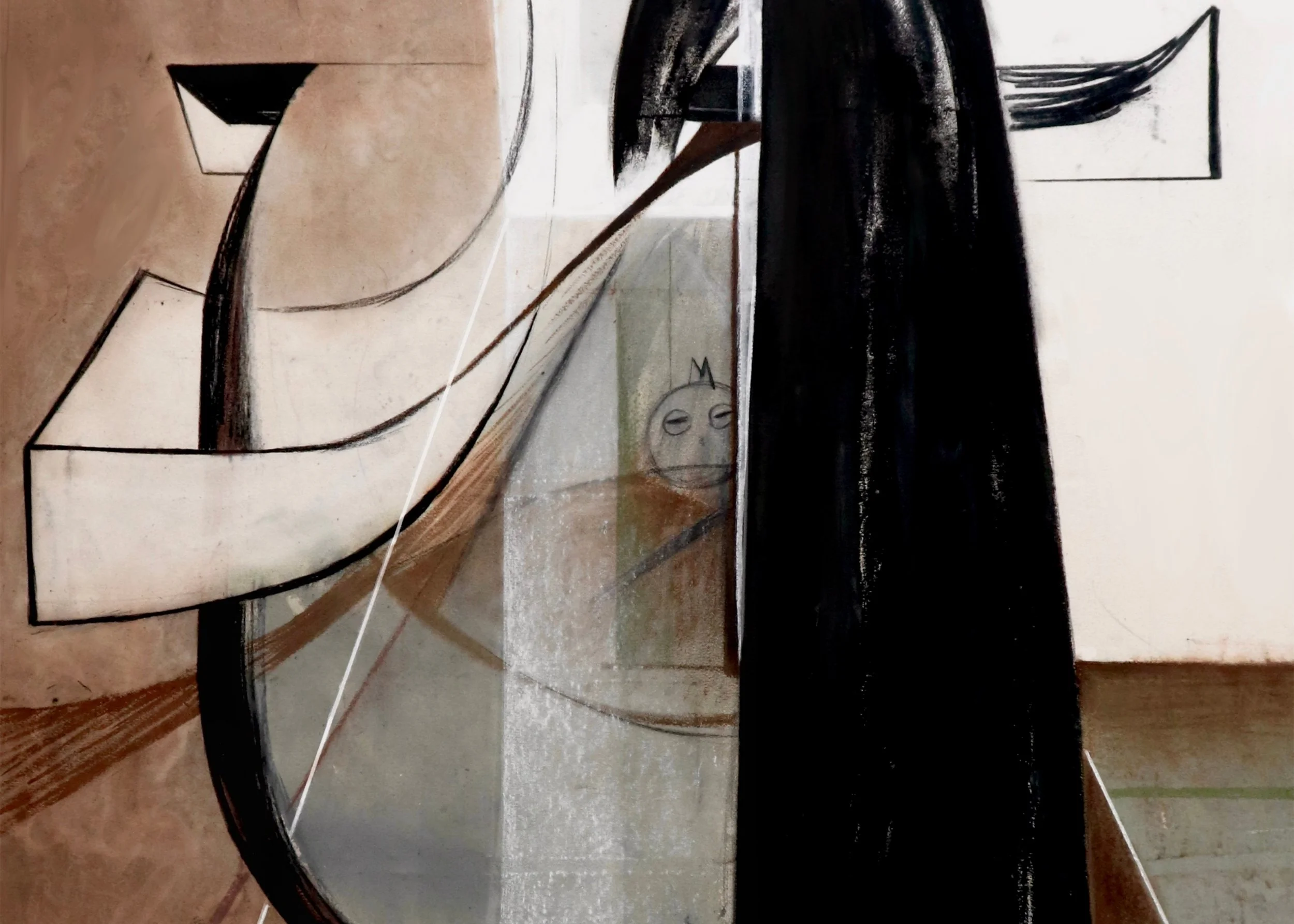 Abstract modern art painting featuring geometric shapes, black and beige tones, and a small sketch of a face with closed eyes and a crown.