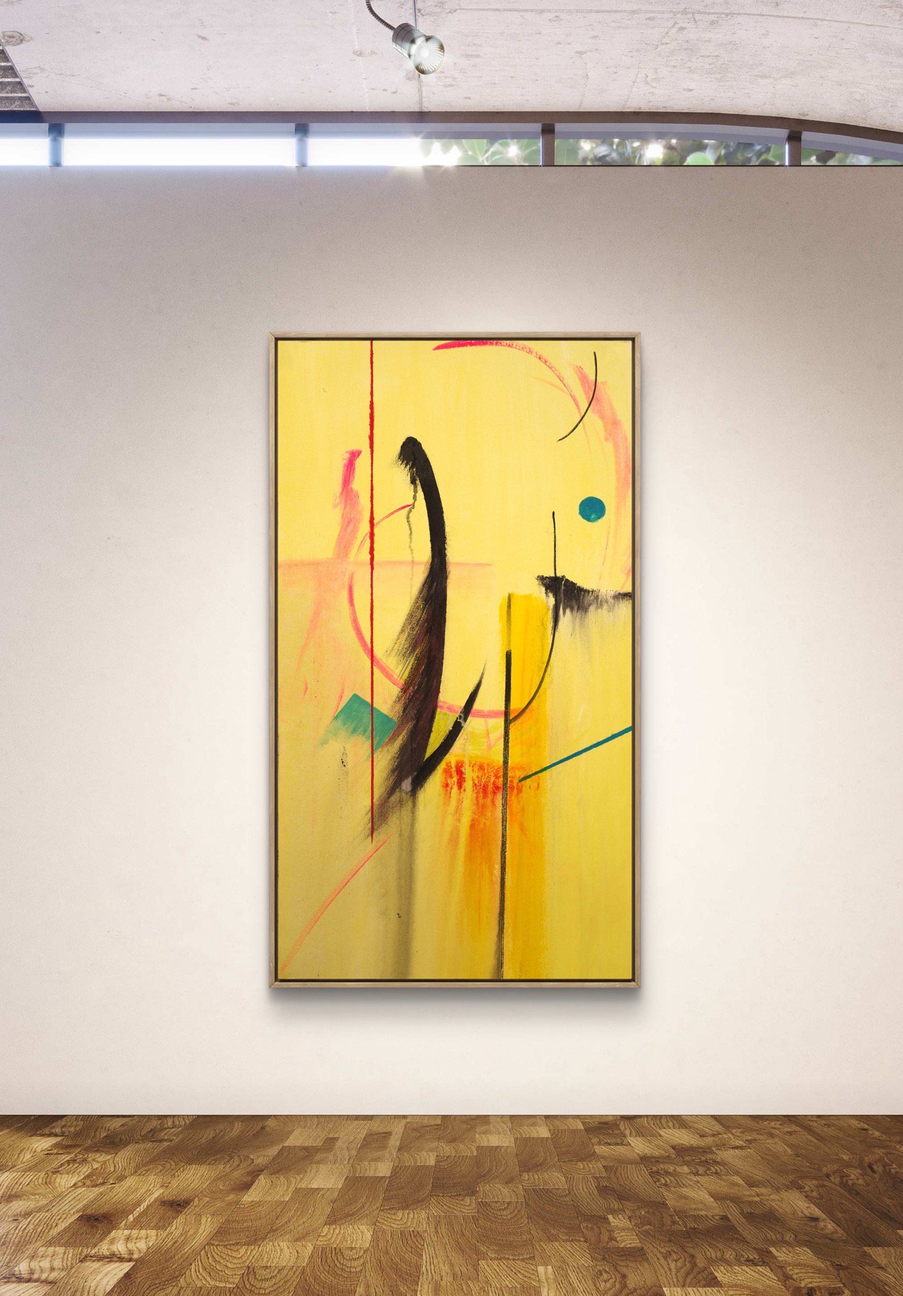 An abstract painting with yellow background, black, red, blue, and pink brushstrokes, displayed on a gallery wall.
