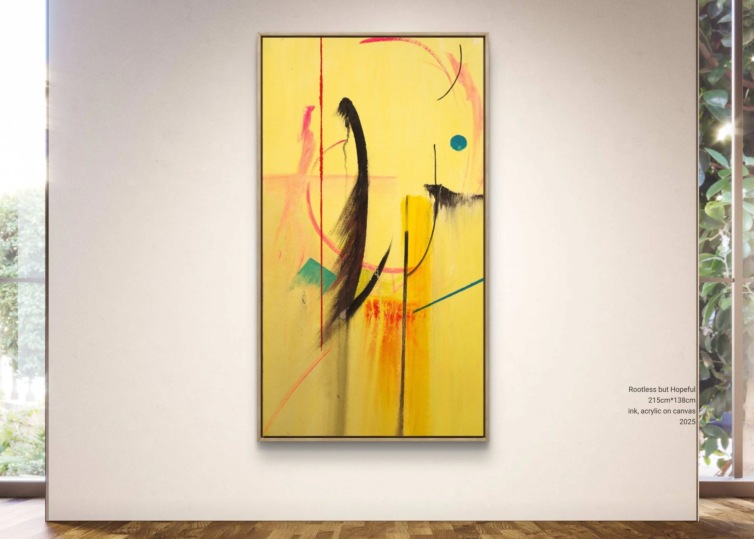 Abstract painting titled 'Rootless but Hopeful' on gallery wall, featuring yellow background with black, red, pink, blue, and green brushstrokes and shapes, measuring 215cm by 138cm, created with ink and acrylic on canvas in 2025.