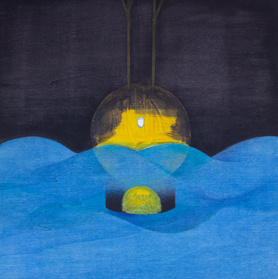 Painting of a glass light fixture hanging over blue water, with the light turned on and reflecting in the water, against a dark background.
