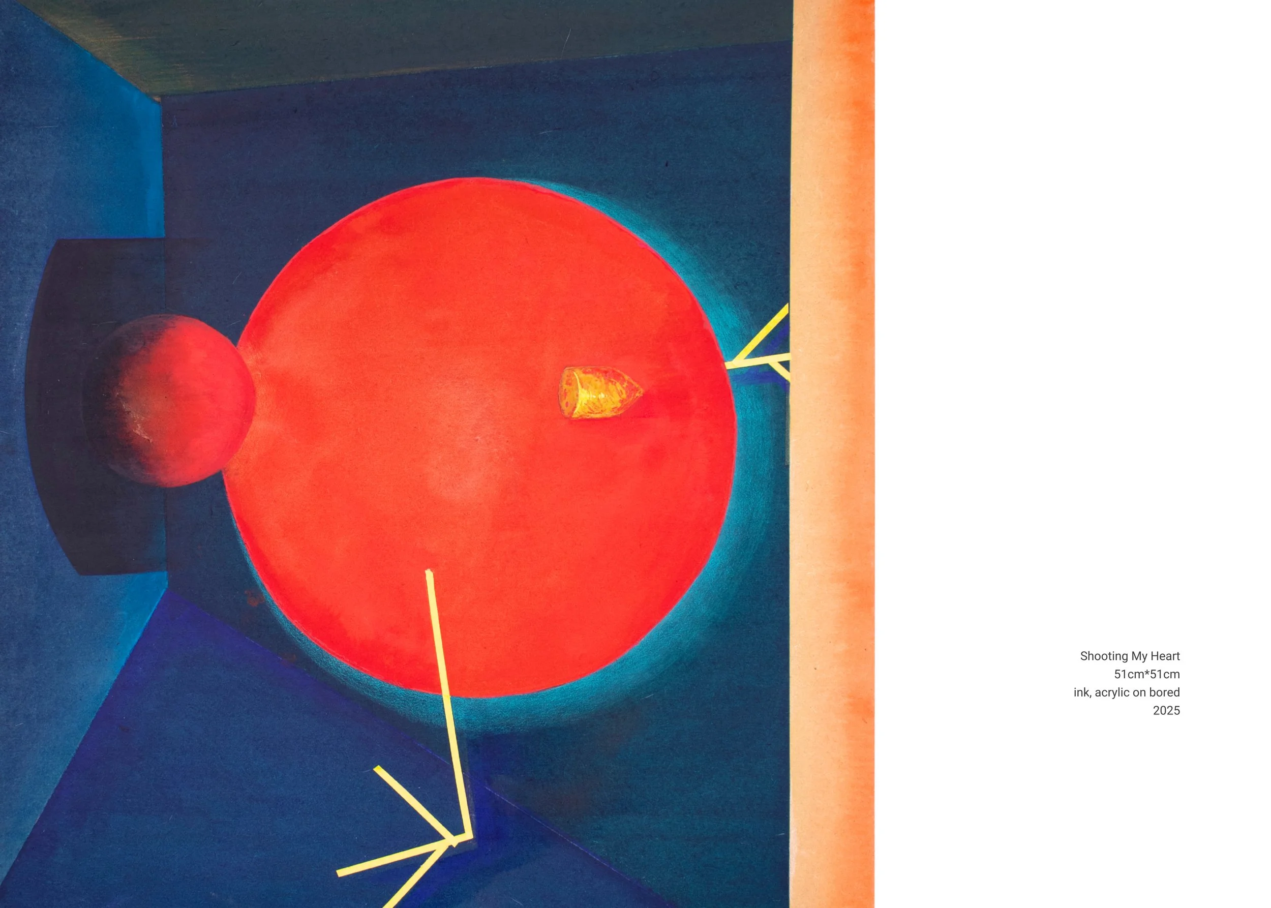 A painting titled 'Shooting My Heart' features a large red circle with a smaller red sphere to the left, both casting shadows on a blue background. A yellow abstract shape with lines extends from the right side of the large circle, resembling an arro