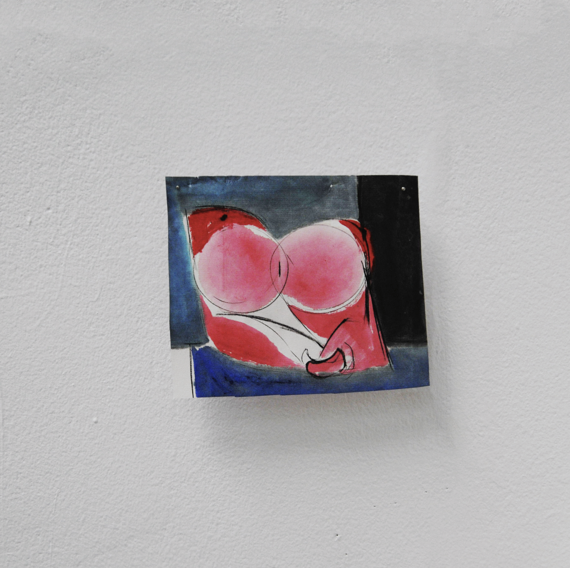 Abstract watercolor painting of a reclining woman with fair skin, pink circles on her chest, and dark background colors.