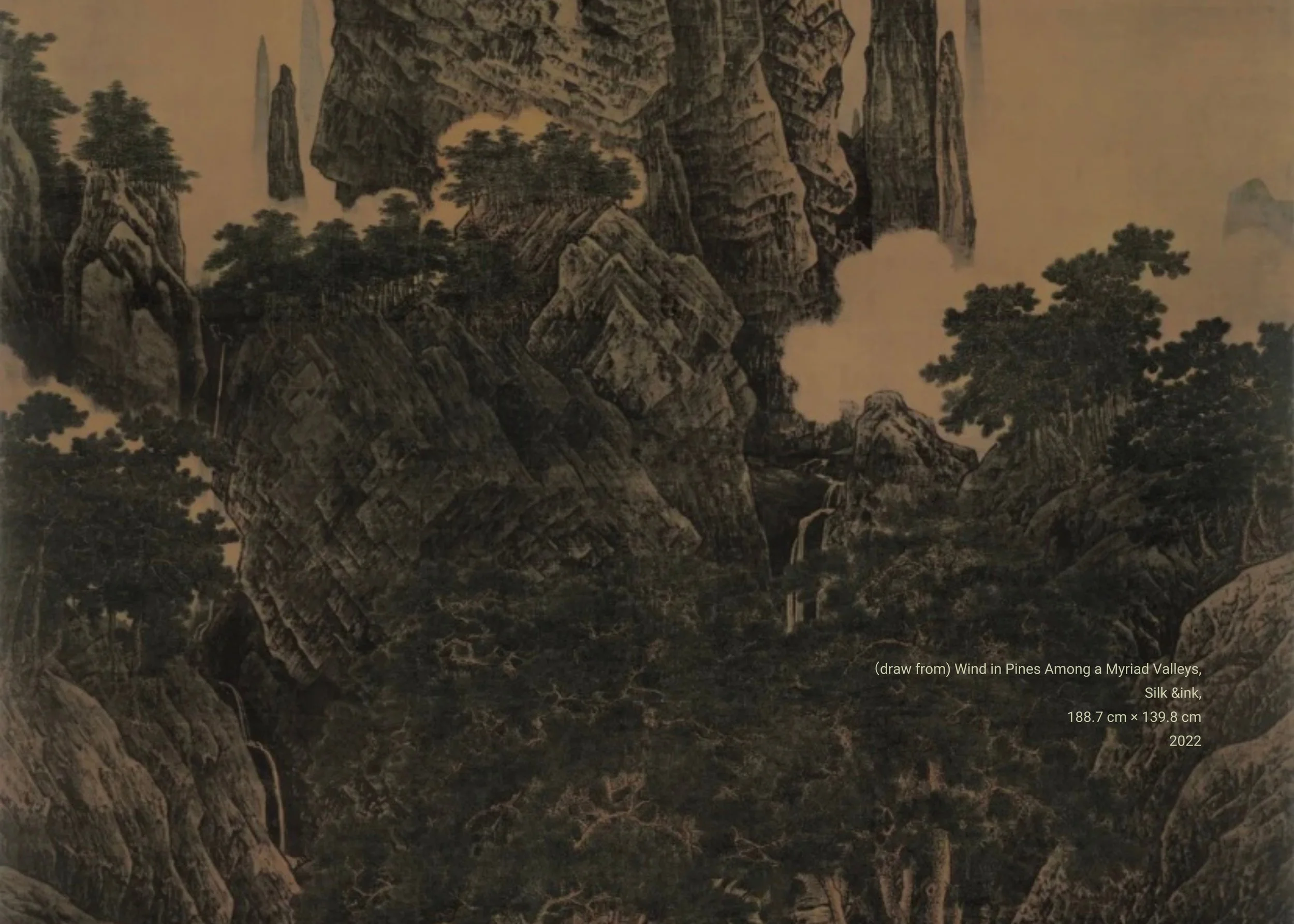 A detailed traditional Chinese ink painting depicting wind in pines among a mountainous landscape with trees, waterfalls, and rocky formations, titled 'Wind in Pines Among a Myriad Valleys,' created in 2022, measuring 188.7 by 139.8 centimeters.