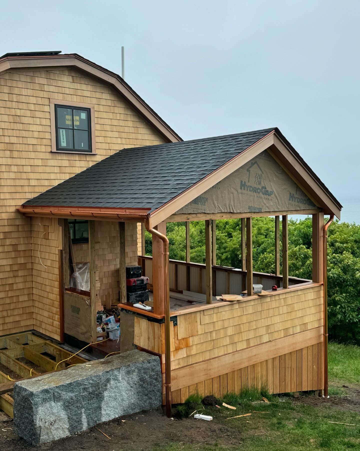 5&rdquo; Single bead half round copper gutters with 3&rdquo; round downspouts #worldguttersytems #coppergutters #chilmark #marthasvineyard