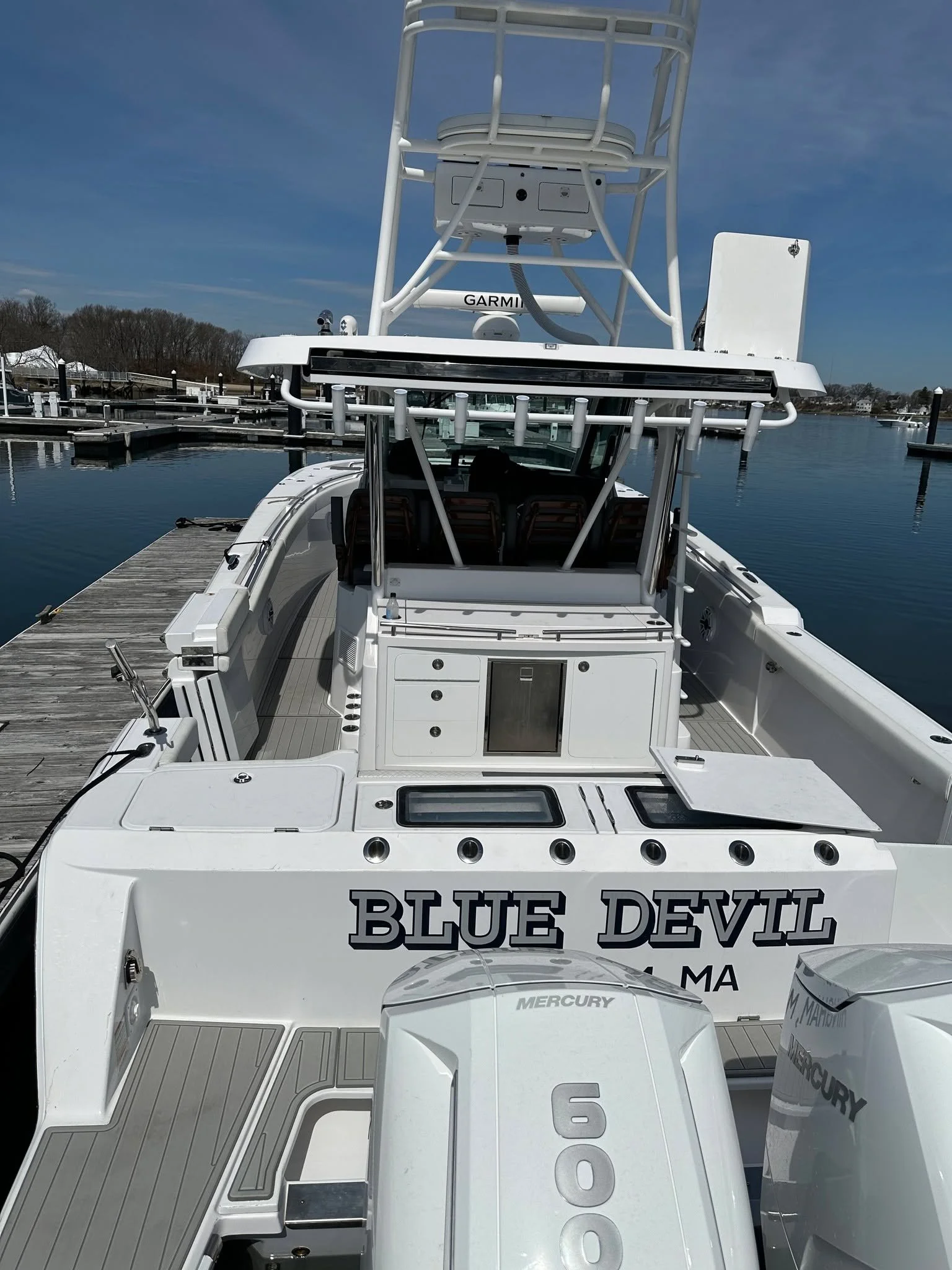 The Blue Devil is finally out of its cozy winter blanket! 🎉 We started this Bertram 39 CC last fall, but we were like, 'Hey, let's just leave these tiny bits for spring, it's too cold outside!' 😂 And now, ta-da! This Titanium Gray beauty with Slate