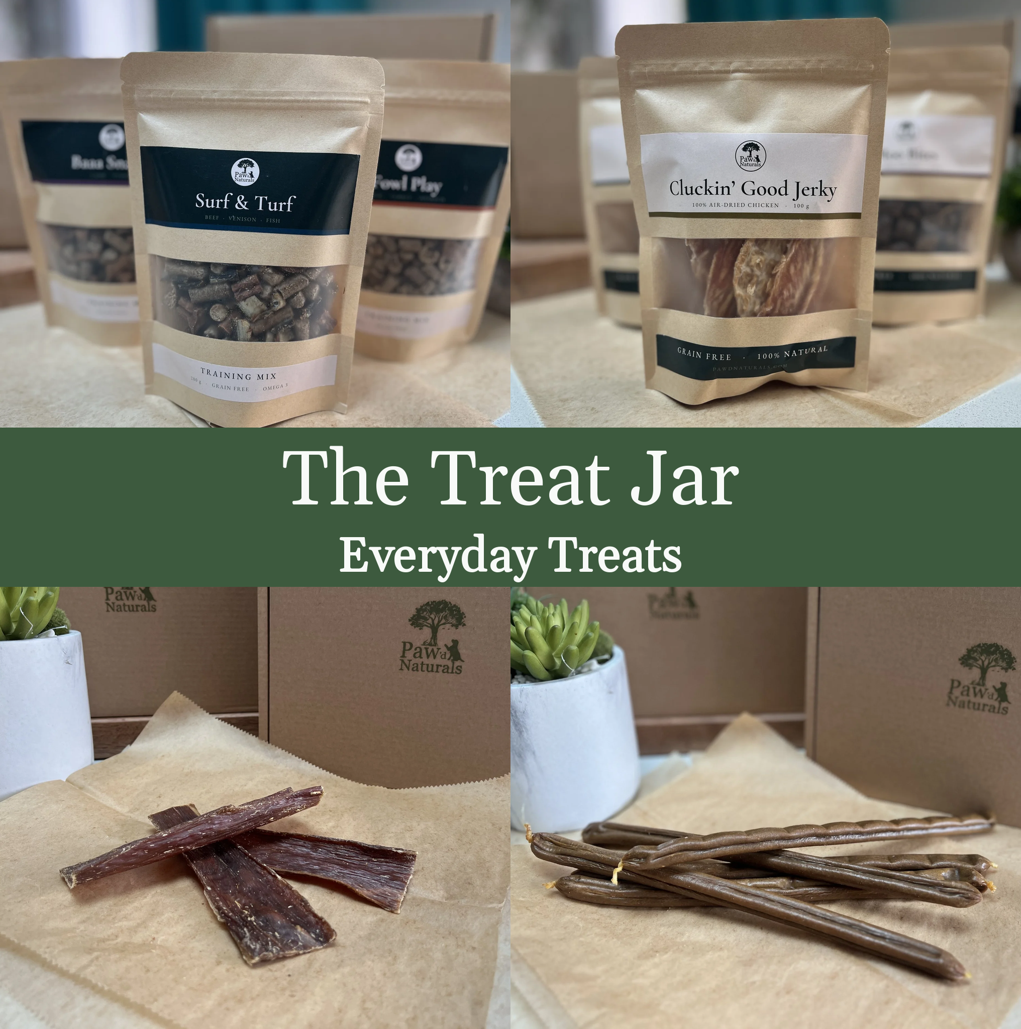 Paw’d Naturals treat pouches including Surf & Turf training mix and Cluckin’ Good Jerky, with beef jerky strips and sausage sticks