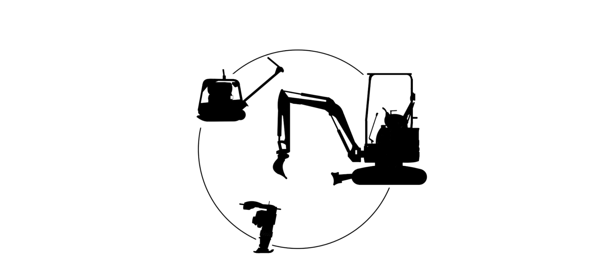 Schwarz-weiß-Linienzeichnung eines Baggers, eines Elektrohammers, eines Handfeuerlöschers und eines Feuerlöschers, alles innerhalb eines Kreises auf schwarzem Hintergrund.