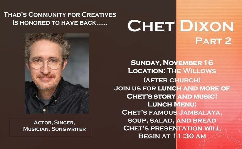 Join us for lunch Sunday and Pt 2 of Chet Dixon&rsquo;s creative presentation!  We&rsquo;ll enjoy Chet&rsquo;s famous Jambalaya, soup, salad, and bread.  Service at 10am and then lunch+presentation afterwards in the green area.  All are welcome! 🧡
@
