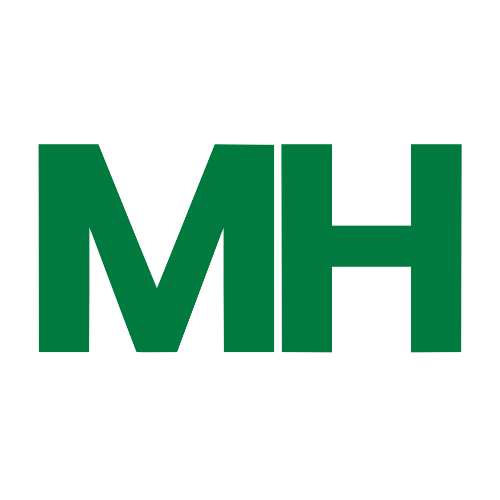 Logo of MH in green letters with black outline on a black background.