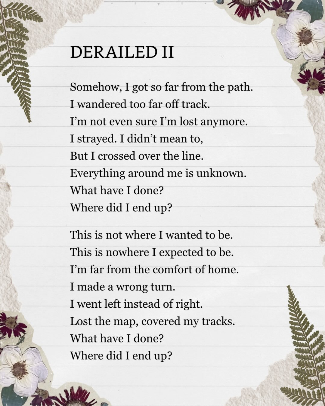 Derailed 2 is just one of the poems featured in my poetry collection called depression: a book of poems. 

As you can tell by the title this book deals with the heavy burdens that come from being depressed. The poems are dark, and full of deep emotio