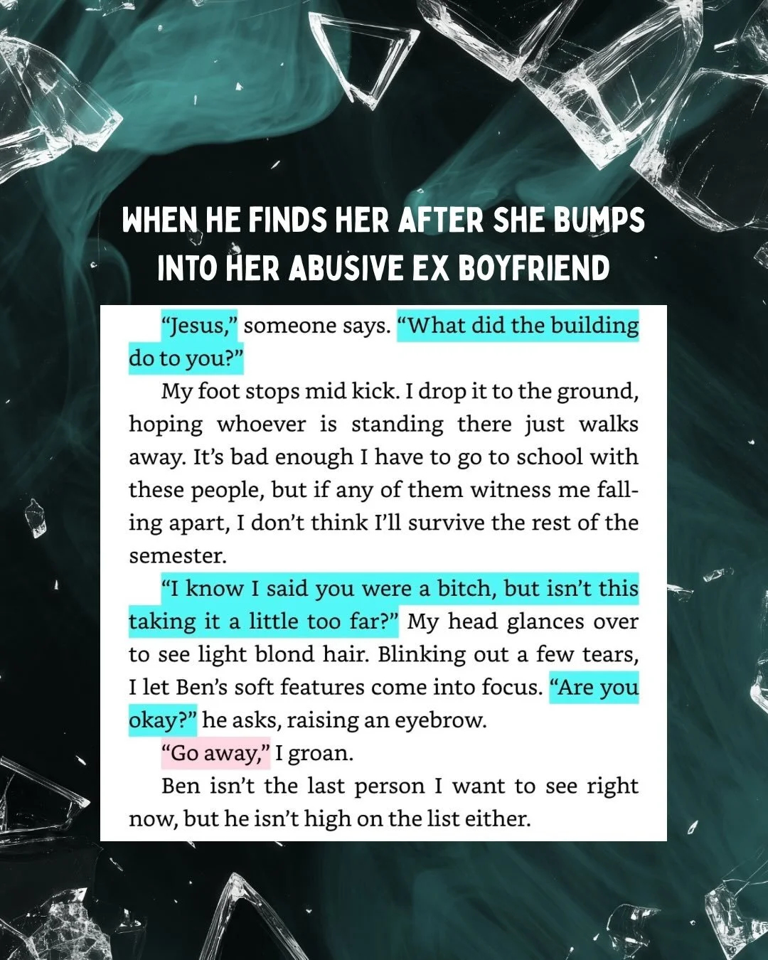 Prue bumps into her abusive ex boyfriend and leaves the coffee shop. Ben follows her out. 

A Broken Melody is out on KU

#bookstagram #romancereads #rockstarromance #romancebooks #romancebookstagram
