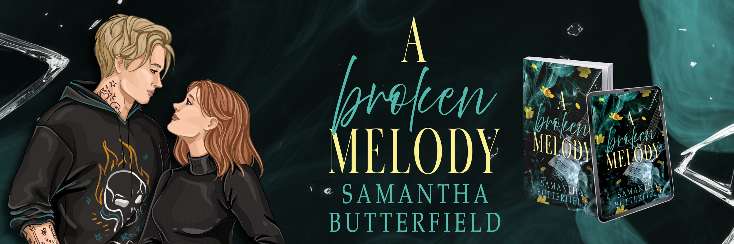 Illustration of two women, one with short blond hair and tattoos, and the other with shoulder-length red hair, looking at each other. Behind them is a dark background with abstract elements. To the right, there is a book cover and an e-book displayed, both featuring the title "A Broken Melody" by Samantha Butterfield with a floral and musical theme.