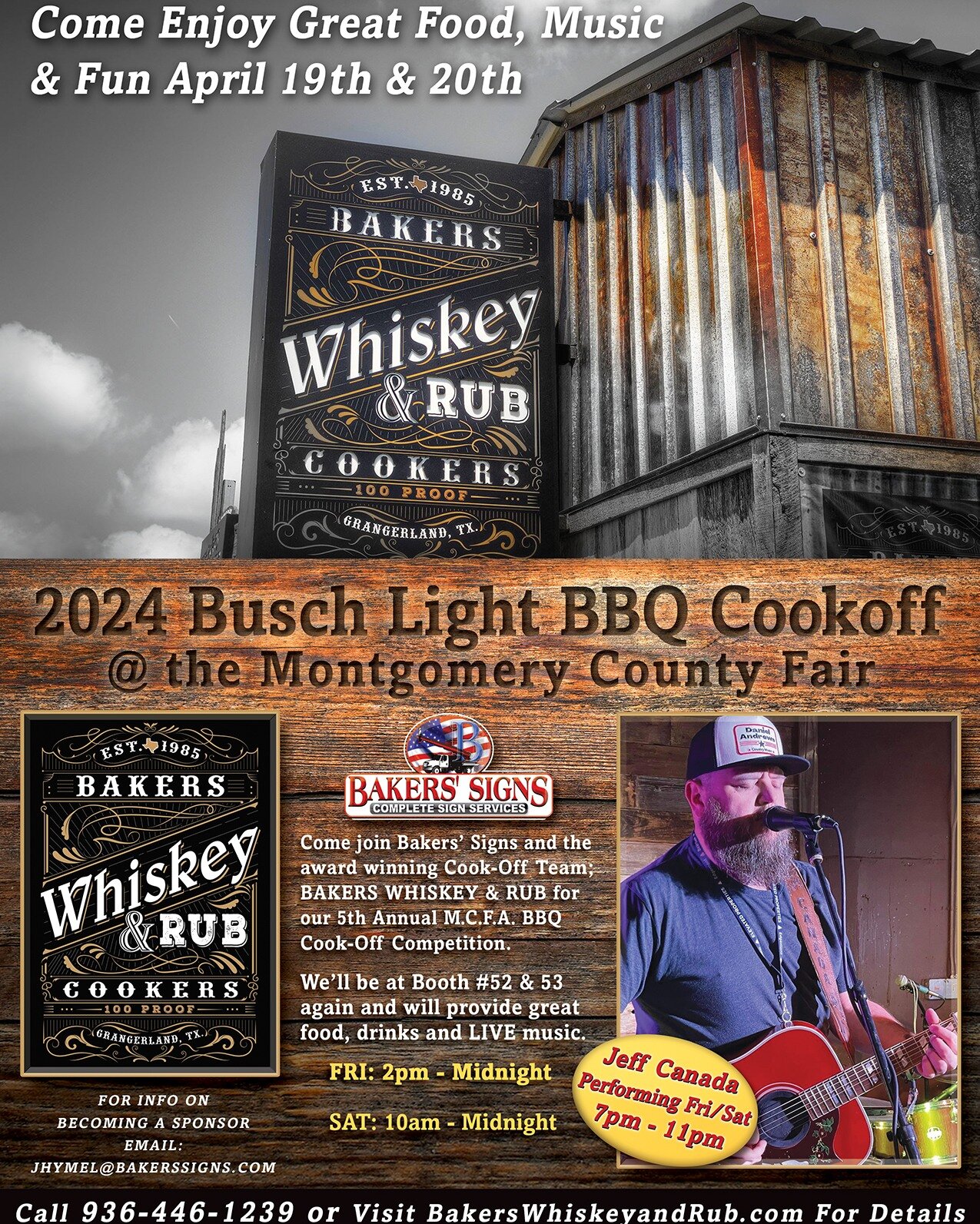 🎶🍖 Get Ready for a Flavorful Experience at the Montgomery County Cook Off! 🌟

Join us at the Bakers Whiskey &amp; Rub tent (#52/53) for a sizzling good time! 🔥

🎵 Live Music by Jeff Canada
🍹 Savory BBQ Delights
🎉 Fun Games &amp; Prizes

March 