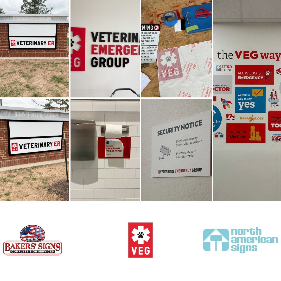 Exciting news! 🌟 Bakers' Signs, in collaboration with North American Signs, has successfully installed the signage for the new location of Veterinary Emergency Group in Sugar Land! 🐾🏥

Thanks to the seamless teamwork between Bakers' Signs and Nort