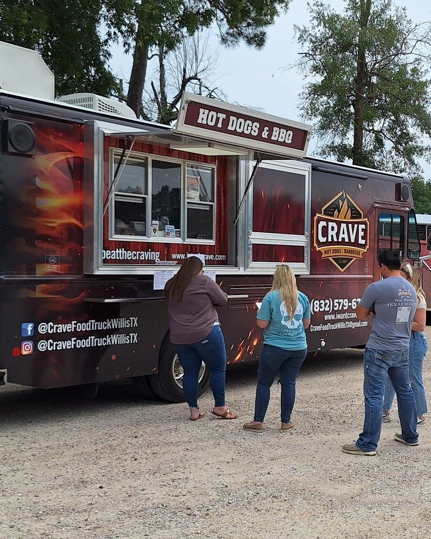 📢 Calling all foodies at Bakers'! 🍔🌮 Today, Crave Hot Dogs &amp; BBQ  graced us with their delicious delights, and boy, did they deliver! 😋 Are you a Texans fan!?!? Crave is currently having a raffle (See photos for information) for Texans ticket