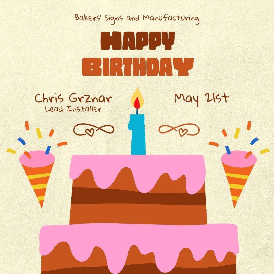 Join us in wishing a Happy Belated Birthday to our Lead Installer, Chris Grznar!

#HappyBirthdayChris #TeamMemberAppreciation #CelebratingSuccess #BakersSigns