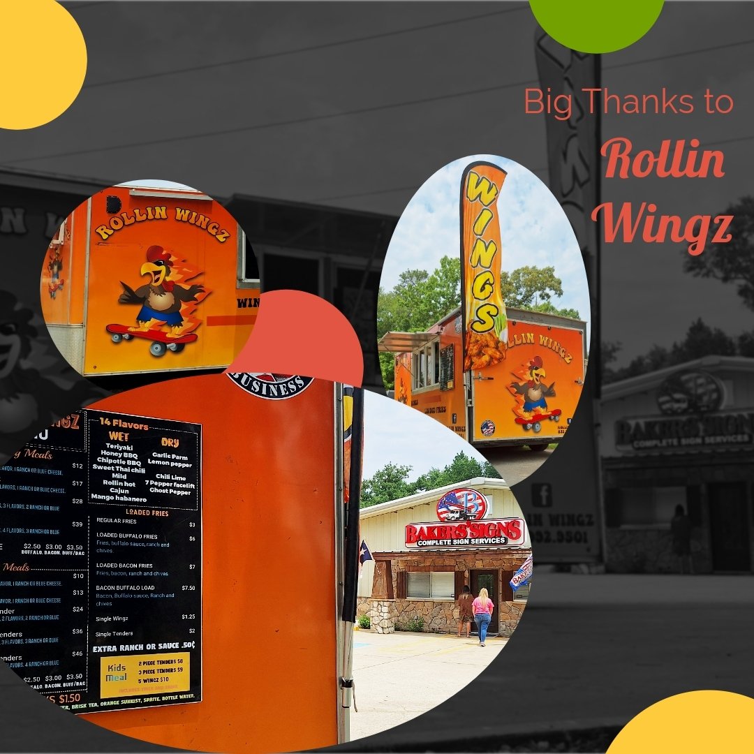 🎉🍗 Wing Lovers Unite! 🍗🎉

Did you catch the delicious surprise today? Rollin Wingz just graced us with their tantalizing presence here at Bakers' Signs! 🙌🔥 If you were lucky enough to swing by and indulge in their flavor-packed wings, you know 