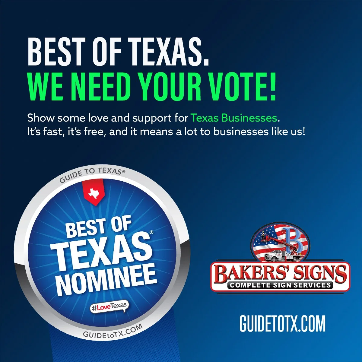 Help Bakers' Signs earn the Best of Texas award in the Signs category!

If you've been impressed with our craftsmanship...
If you've experienced great customer service...
If we've helped bring your vision to life...

Now is the time to show your supp