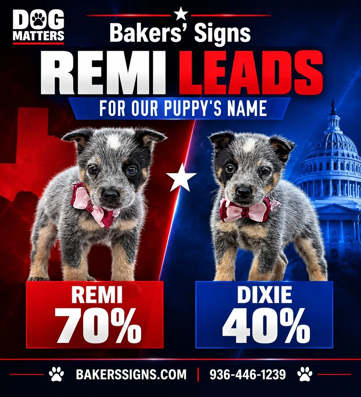 THE RACE IS ALMOST OVER!

The countdown is on! 🐾 

Cast your vote and help us decide our puppy&rsquo;s name before time runs out!

Voting closes this Friday at 2 PM!

Will it be REMI or DIXIE? 🐶❤️

Let&rsquo;s make every vote count! 👇

#BakersSign