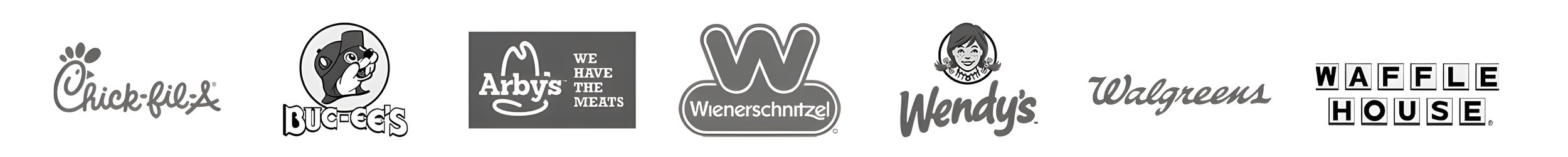 Company Logos: Chick-fil-a, Buc-ee's, Arby's, Wienerschnitzel, Wendy's, Walgreens, Waffle House