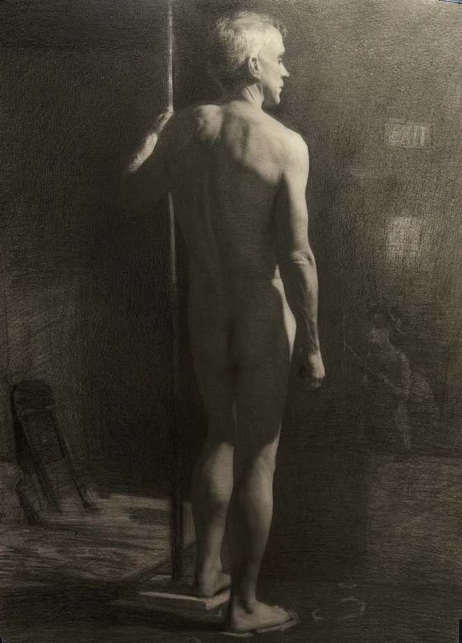 Live figure, graphite and white chalk on toned paper (1 week)