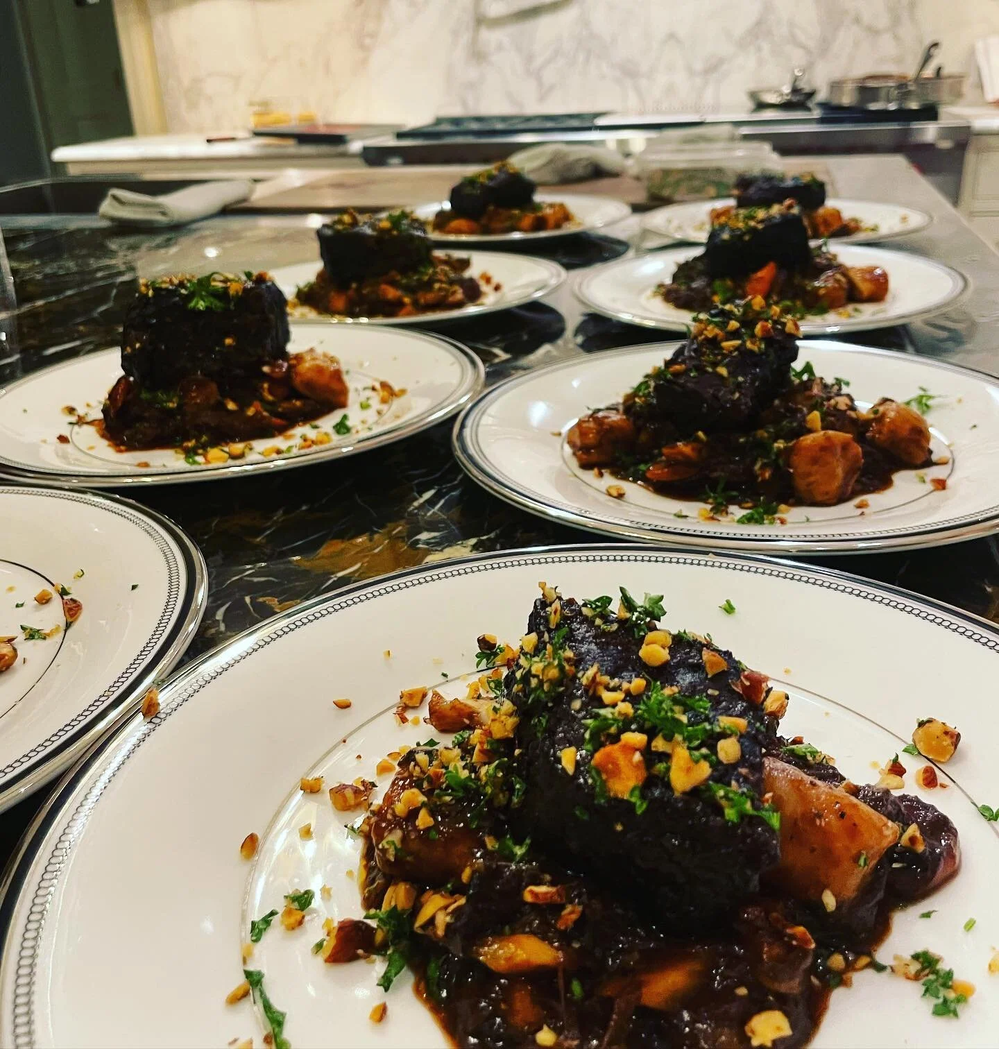 Barolo Braised Short Rib, Braising Reduction, Potato Gnocchi, Carrots, Parsnips, Smoked Almond Gremolata