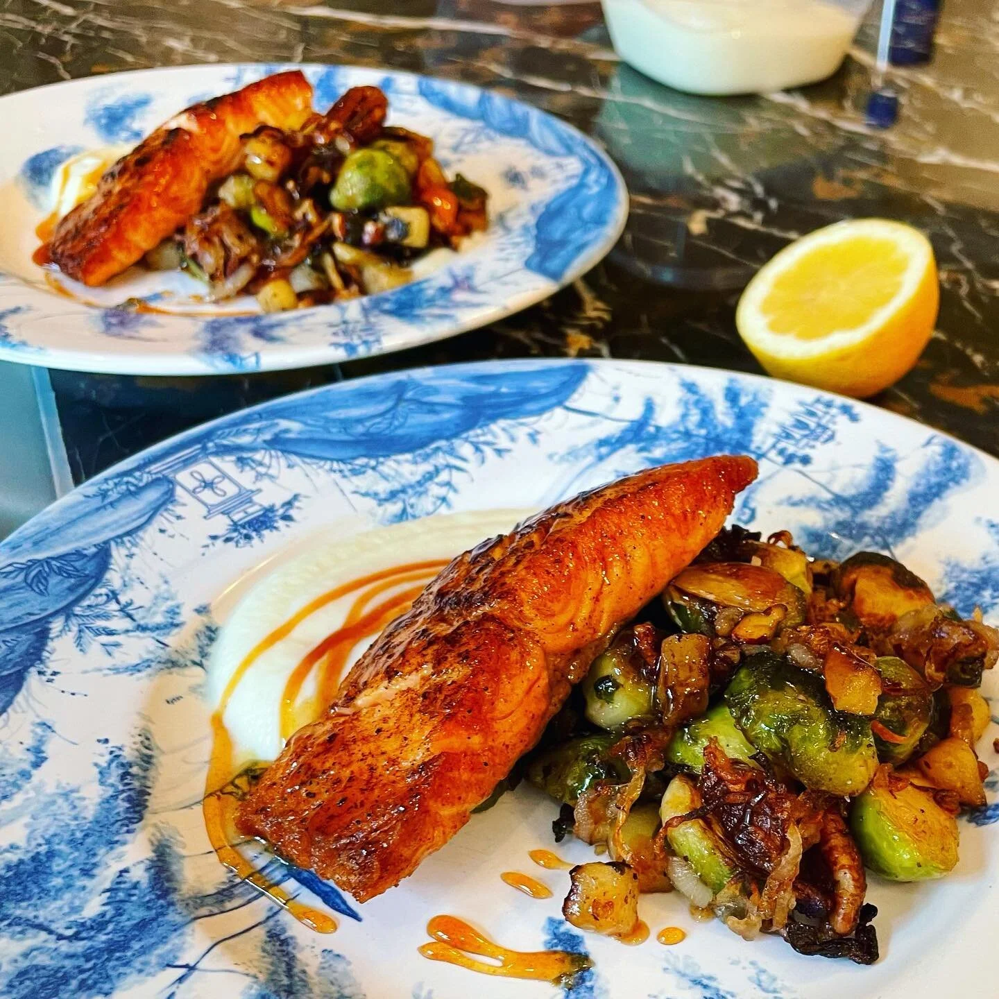 Cider Glazed Salmon, Pan Roasted Brussels with Toasted Pecans, Apples &amp; Caramelized Shallots with a Cauliflower Pur&eacute;e #privatechef #cincinnati #cincinnatichef #privatecheflife #ohioprivatechef