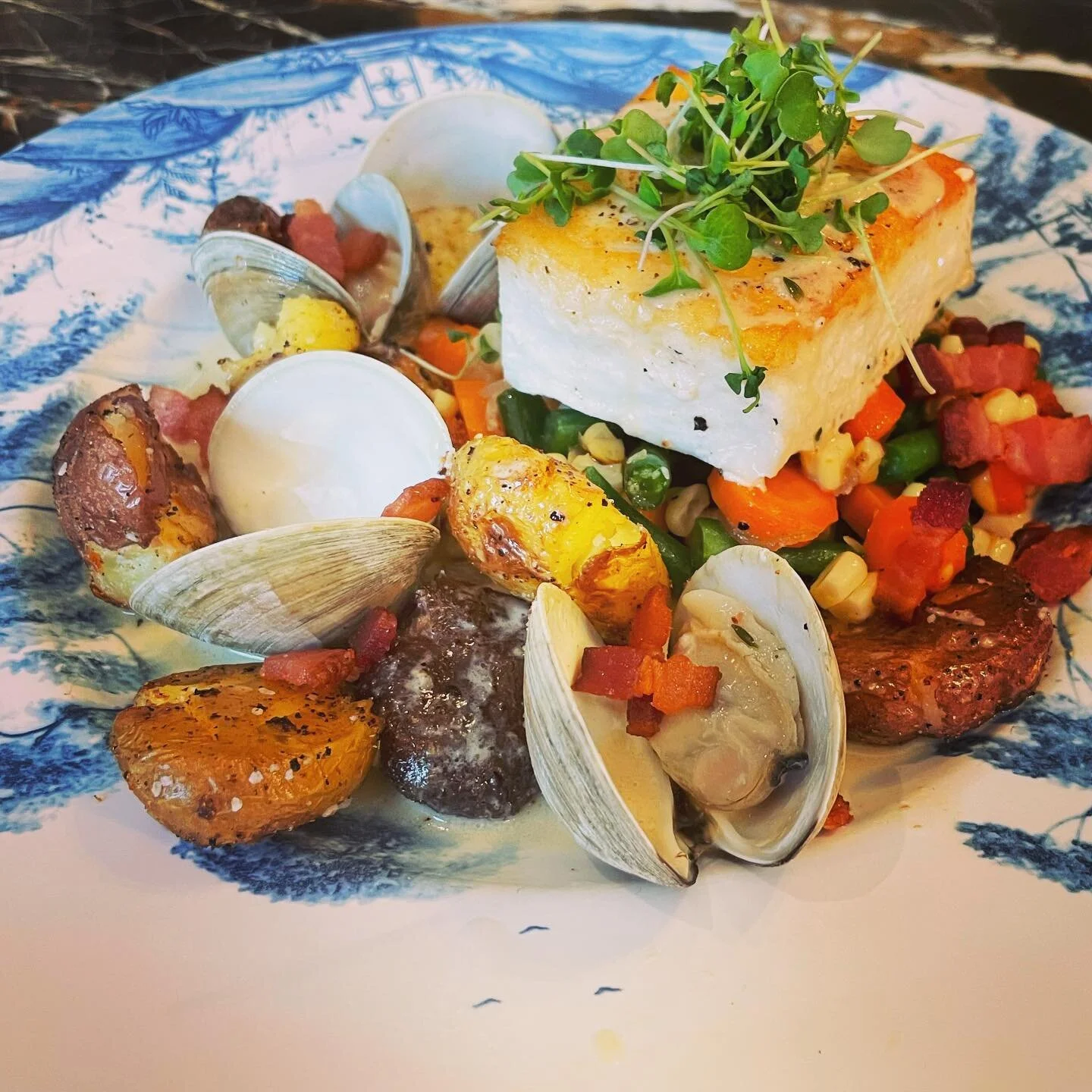 Pan Roasted Halibut, Late Summer Succotash, Cherrystones, &ldquo;RI&rdquo; Style Clam &ldquo;Chowder&rdquo; Sauce #privatechef #cincinnati #cincinnatichef