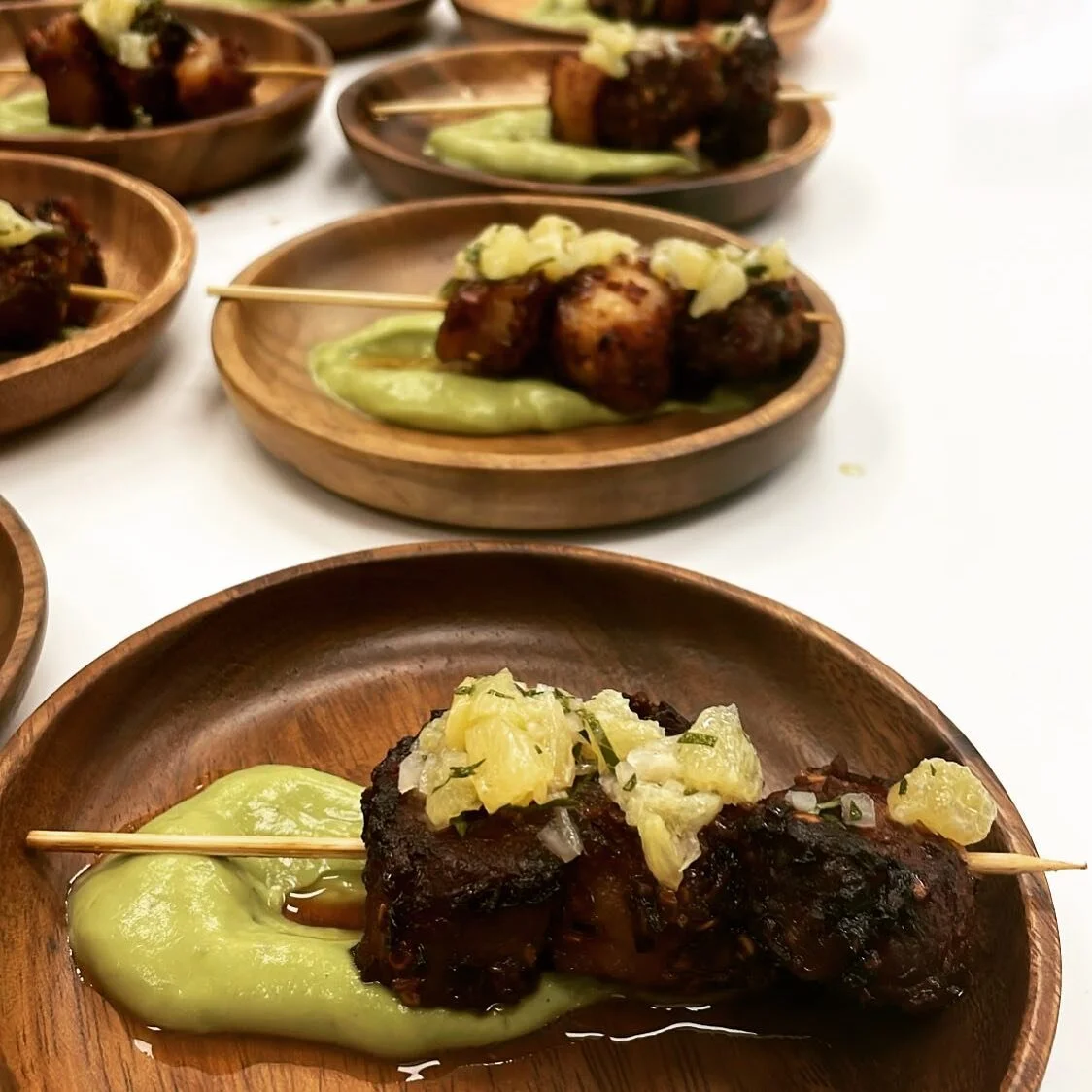 Chili-Soy Glazed Pork Belly Skewer with Avocado Crema and Meyer Lemon Salsa @tisdel_subzerowolfcove @tisdel_chefbrandie #cincinnati #privatechef