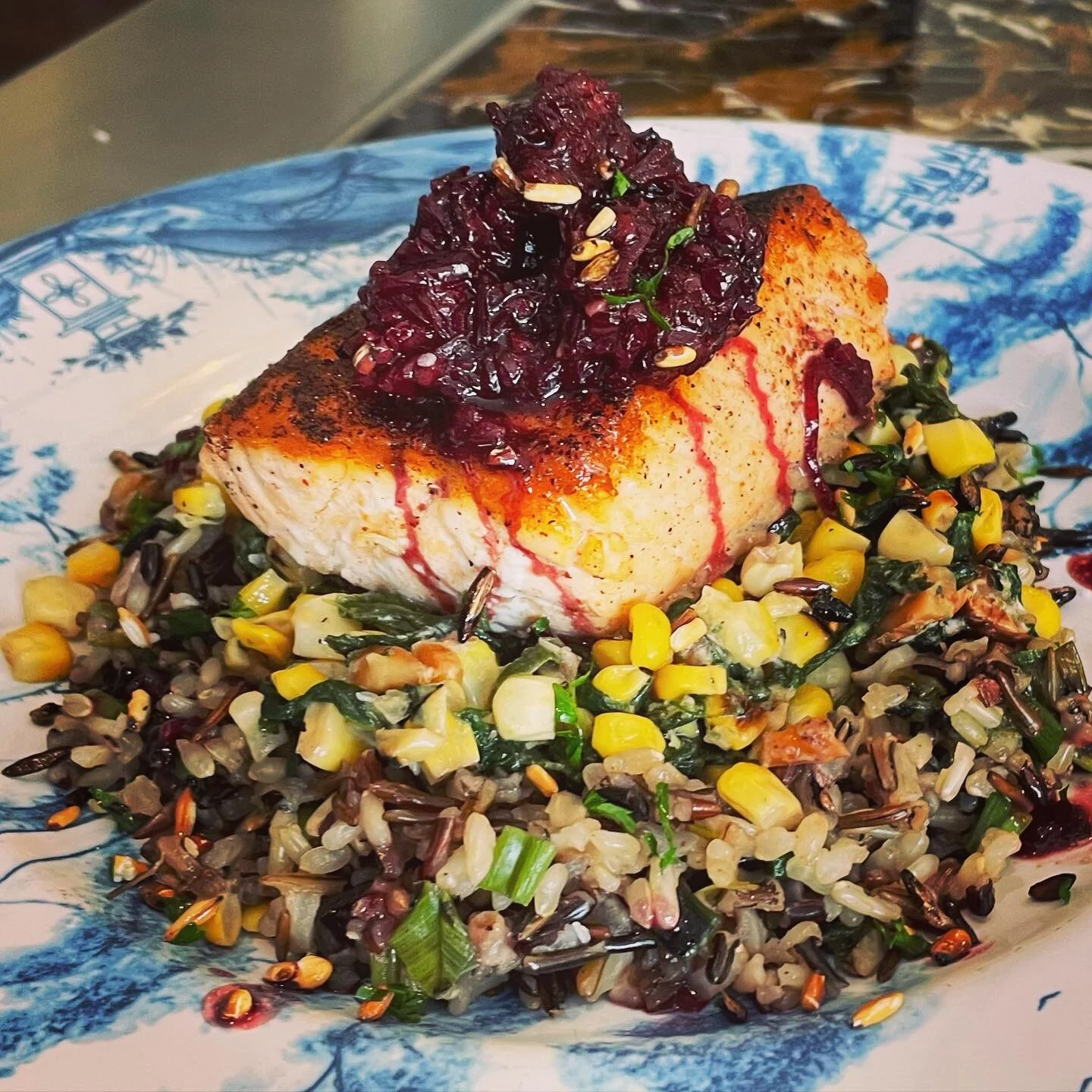 Sumac &amp; Smoked Paprika Dusted Salmon, Bourbon/Blackberry Shallot Sauce, Grilled Scallion Wild Rice, Goat Cheese &ldquo;Creamed&rdquo; Corn with Toasted Walnuts #privatechef #privatechefsofinstagram #privatechefcincinnati #newclient